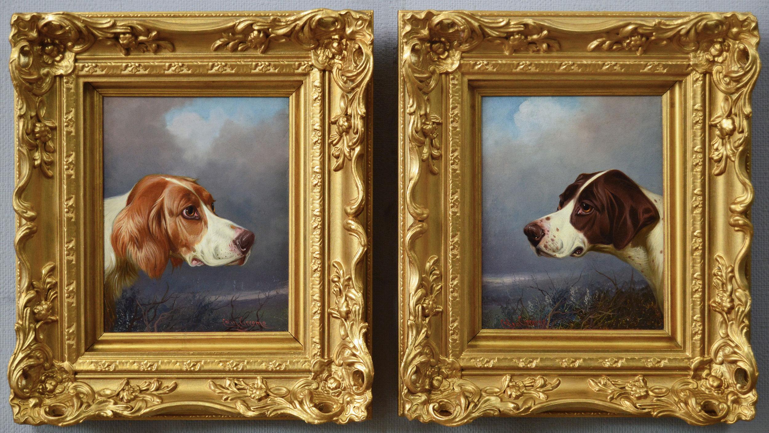 Colin Graeme Roe Animal Painting - 19th Century Pair of sporting dog oil portrait paintings of a setter & a Pointer