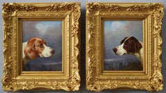 19th Century Pair of sporting dog oil portrait paintings of a setter & a Pointer