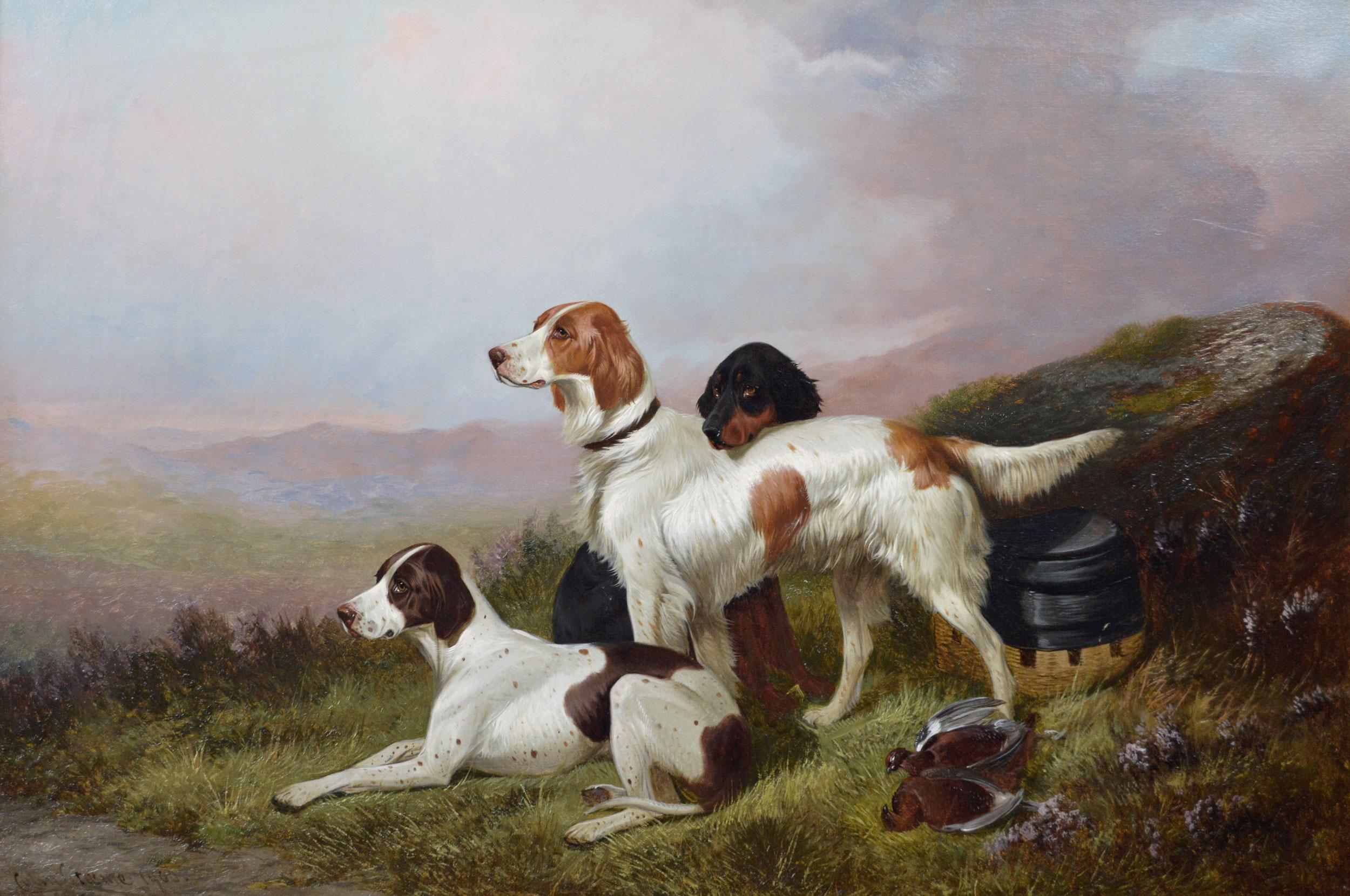 19th Century sporting dog oil painting of 3 setters with game  - Painting by Colin Graeme Roe