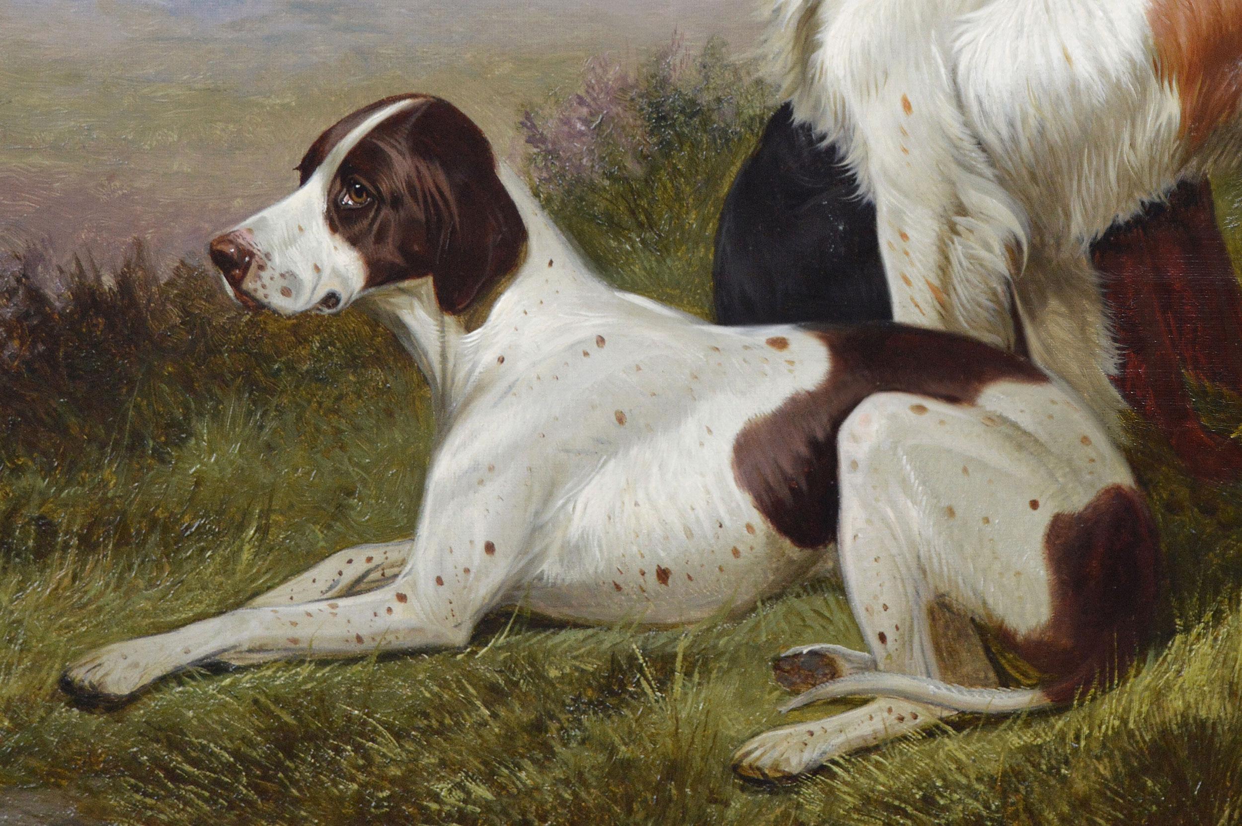 Peinture à l'huile du 19ème siècle représentant un chien de sport et 3 setters à la chasse - Marron Animal Painting par Colin Graeme Roe