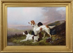19th Century sporting dog oil painting of 3 setters with game 