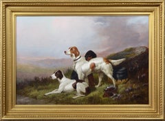 Peinture à l'huile du 19ème siècle représentant un chien de sport et 3 setters à la chasse 