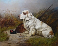 19th Century sporting dog oil painting of a Clumber spaniel with game