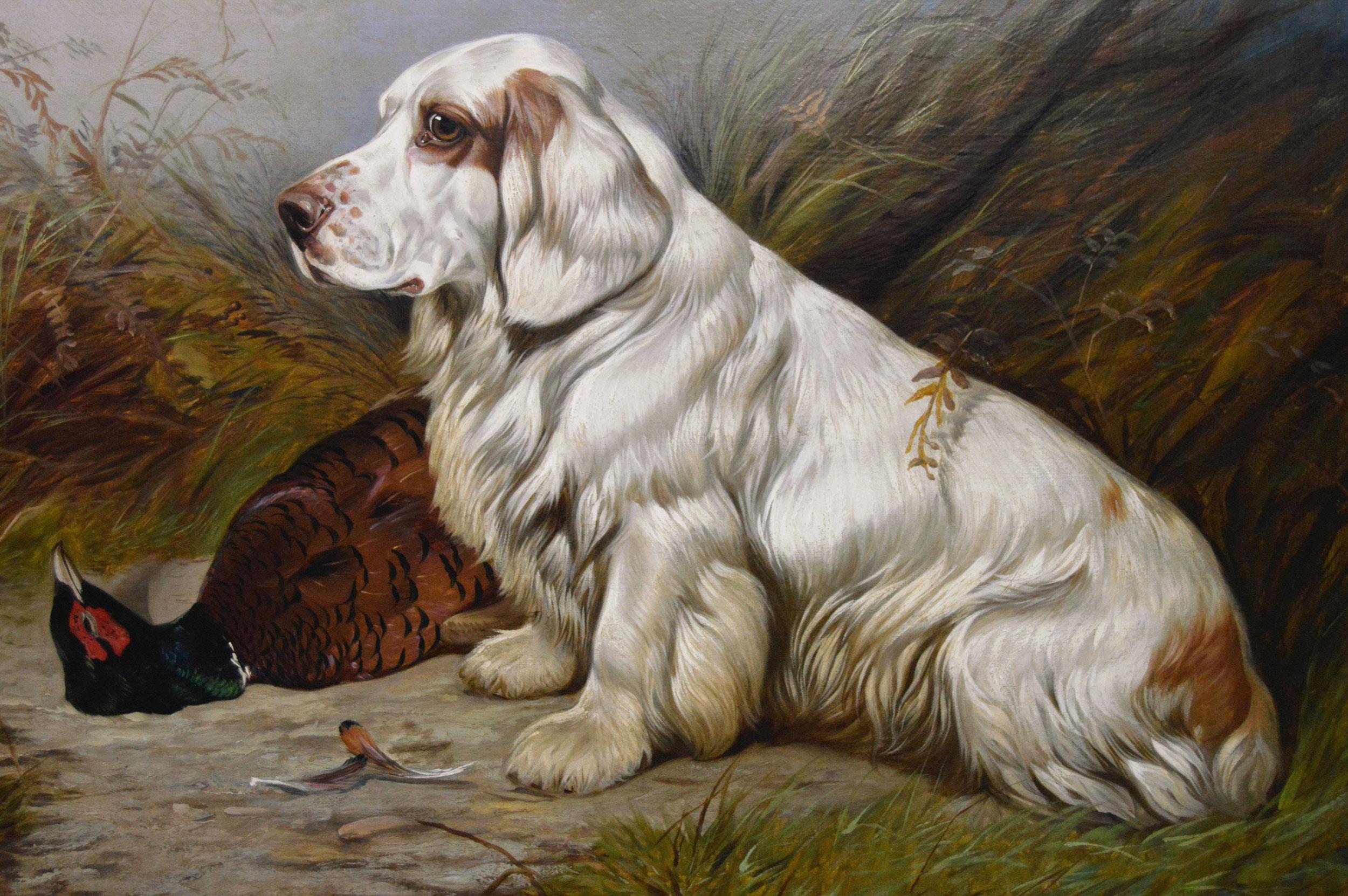 19th Century sporting dog oil painting of a Clumber spaniel with game - Victorian Painting by Colin Graeme Roe