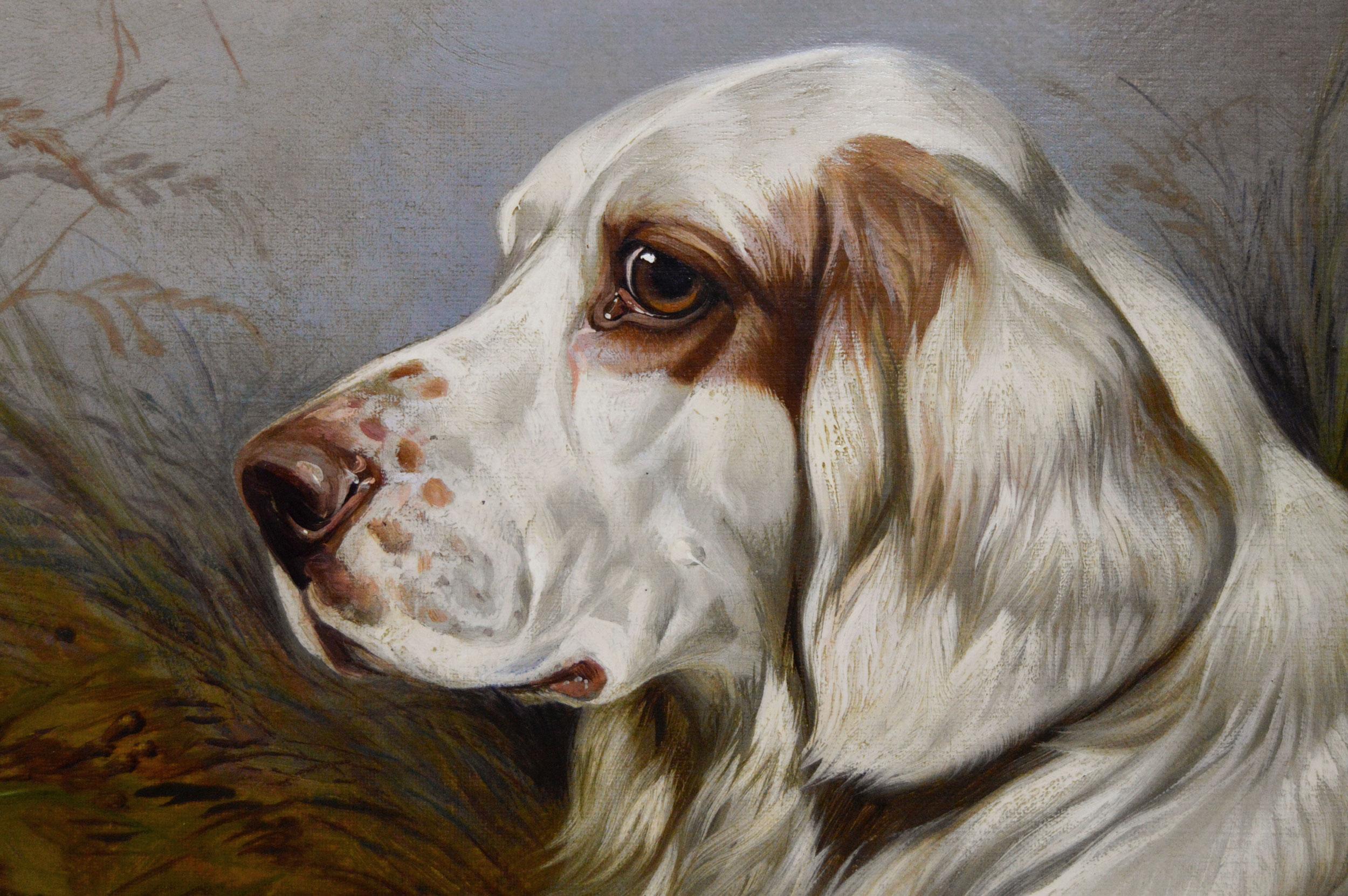 19th Century sporting dog oil painting of a Clumber spaniel with game - Brown Landscape Painting by Colin Graeme Roe