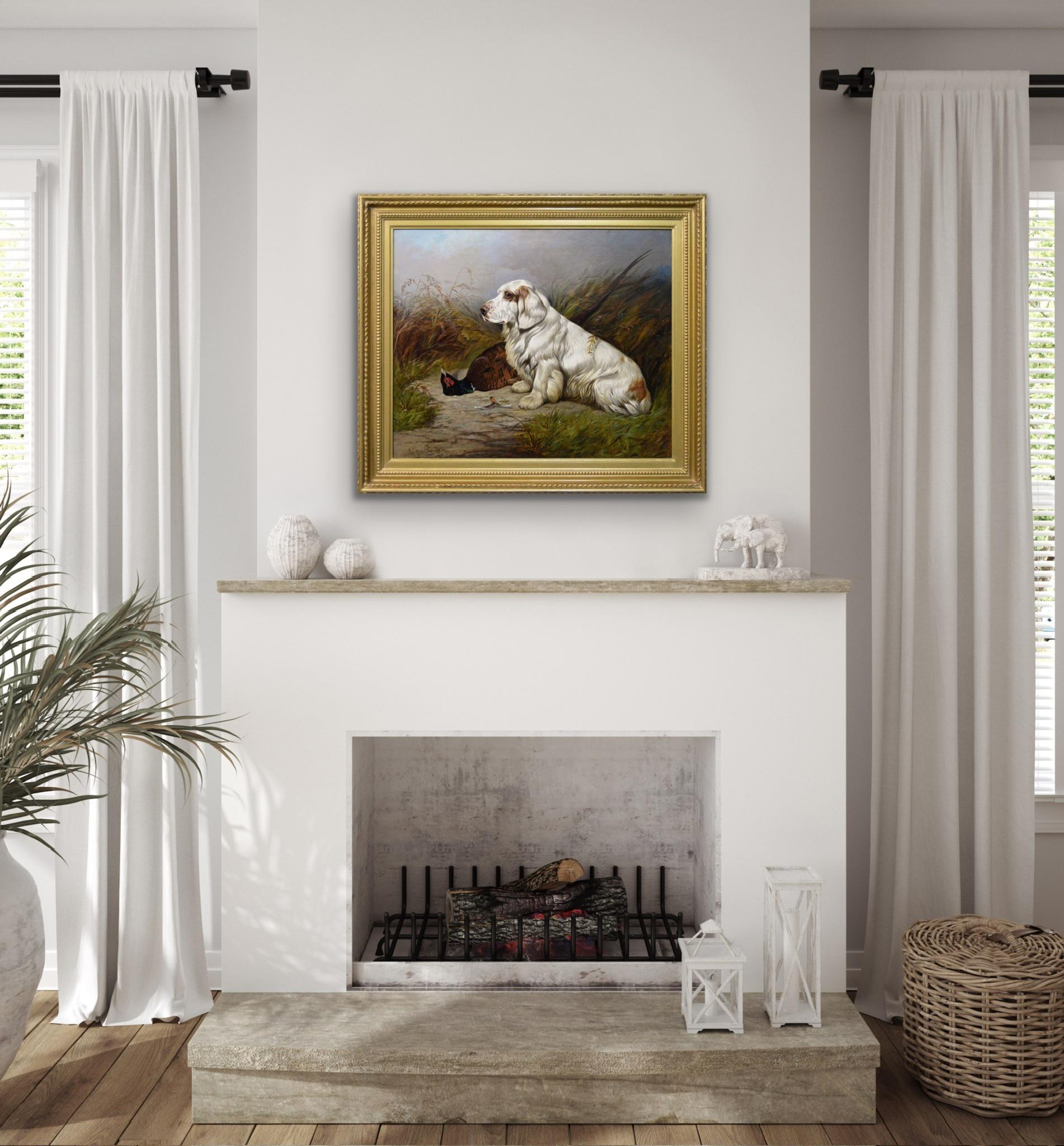 19th Century sporting dog oil painting of a Clumber spaniel with game 1