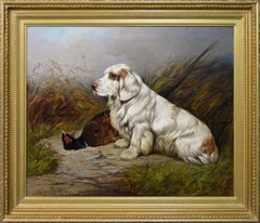 19th Century sporting dog oil painting of a Clumber spaniel with game