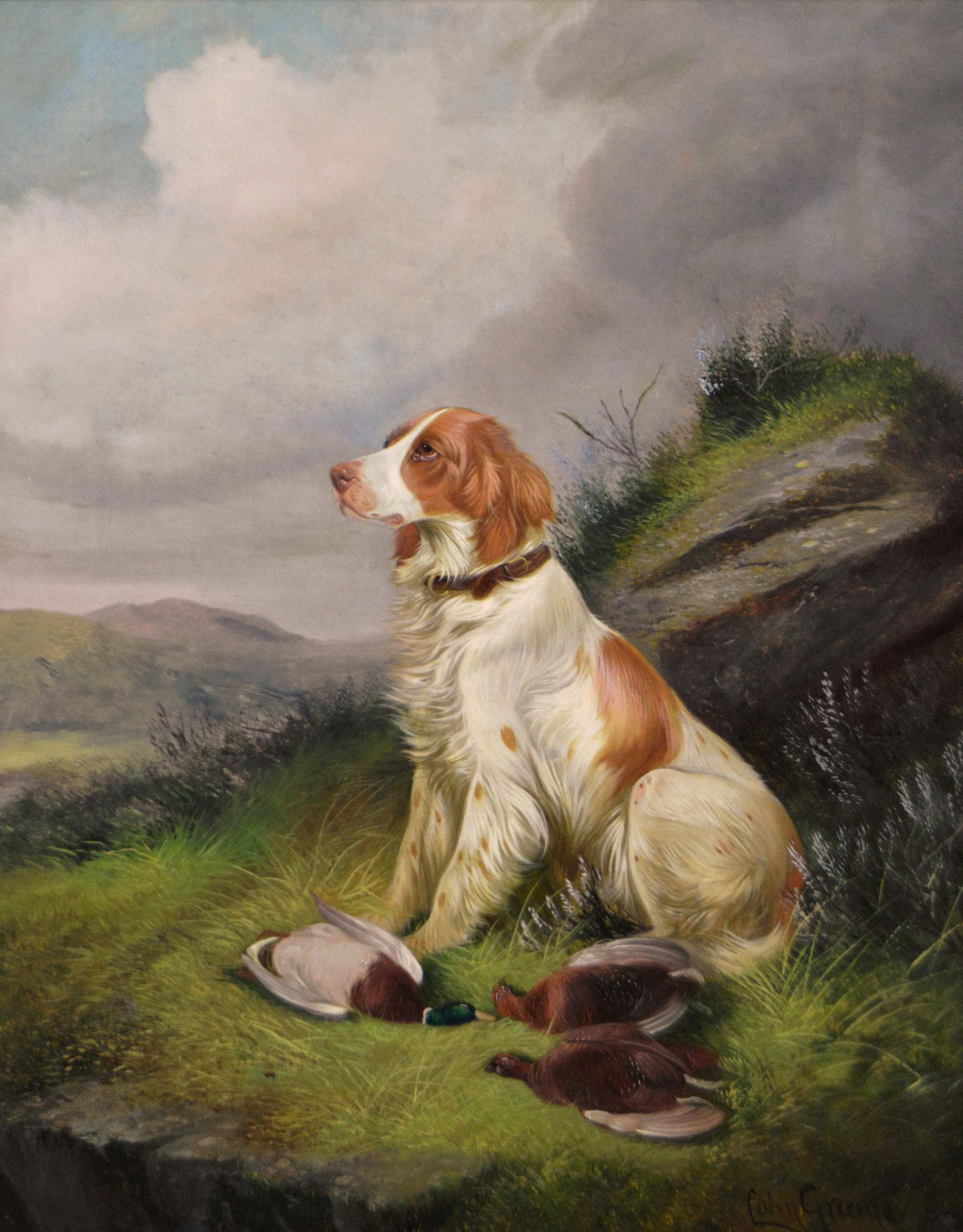 19th Century sporting dog oil painting of a setter in a landscape - Painting by Colin Graeme Roe