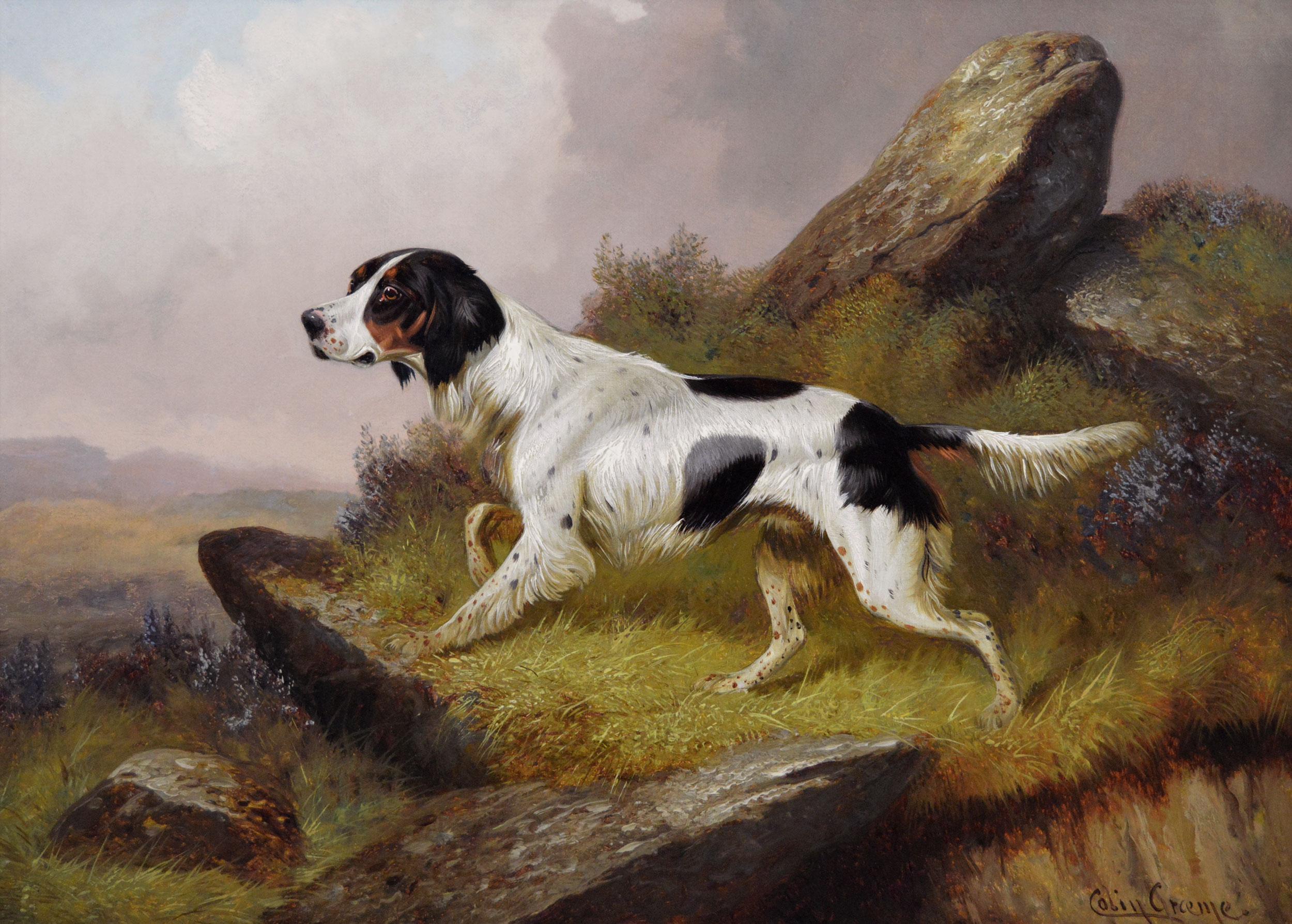 19th Century sporting dog oil painting of a setter in a landscape - Painting by Colin Graeme Roe