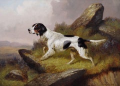 19th Century sporting dog oil painting of a setter in a landscape