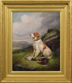 Antique 19th Century sporting dog oil painting of a setter in a landscape