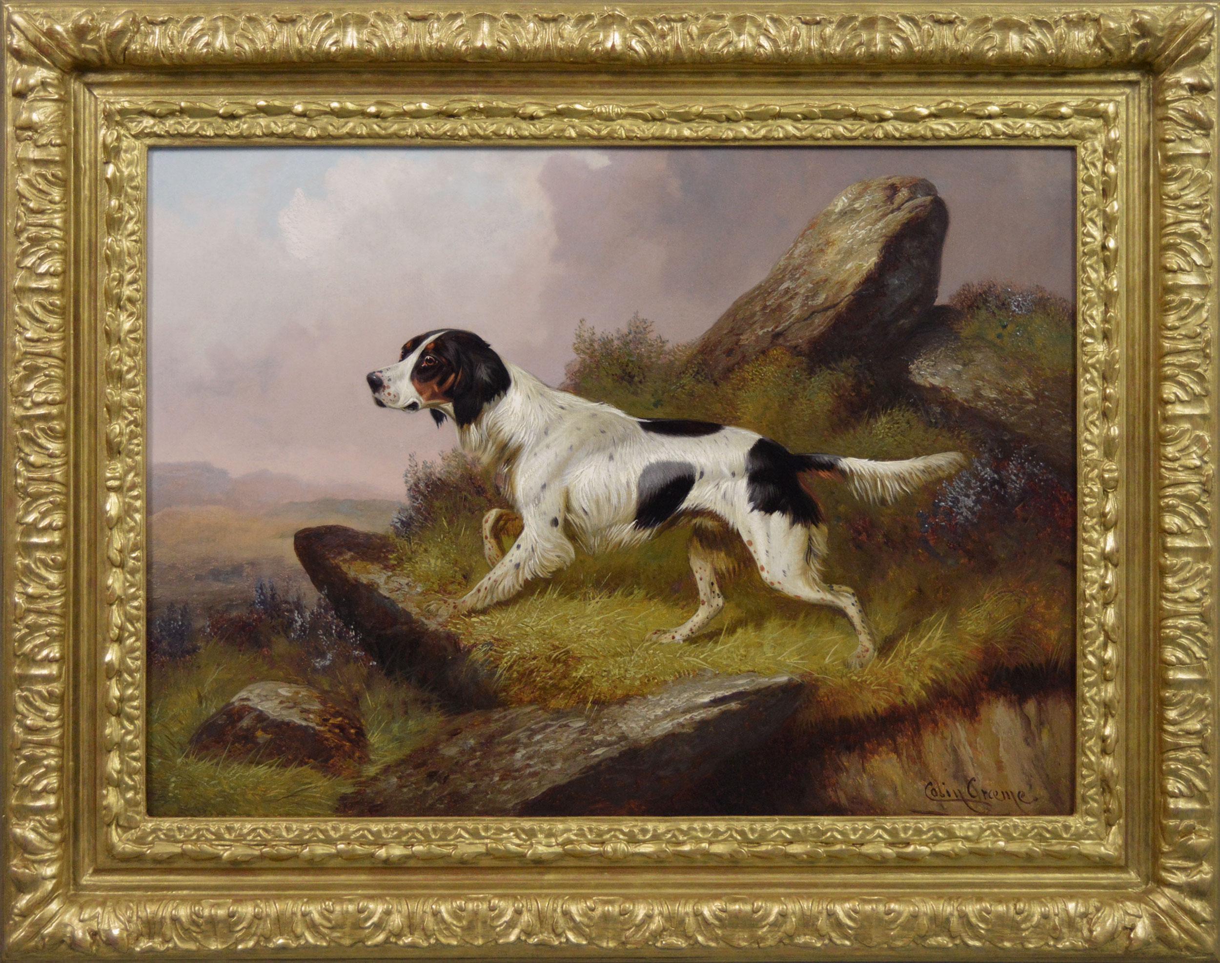 Colin Graeme Roe Animal Painting - 19th Century sporting dog oil painting of a setter in a landscape