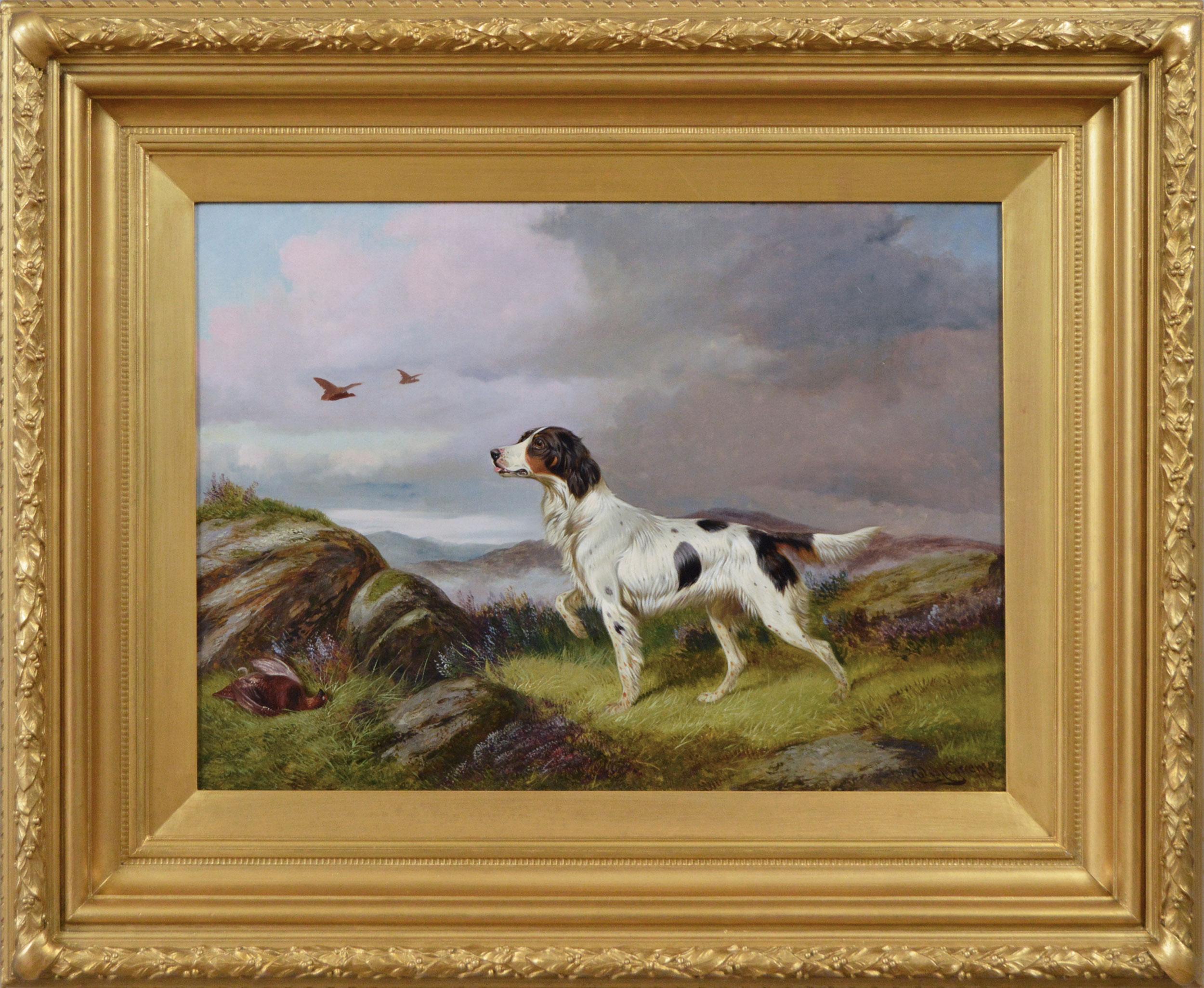 19th Century sporting dog oil painting of a setter with game
