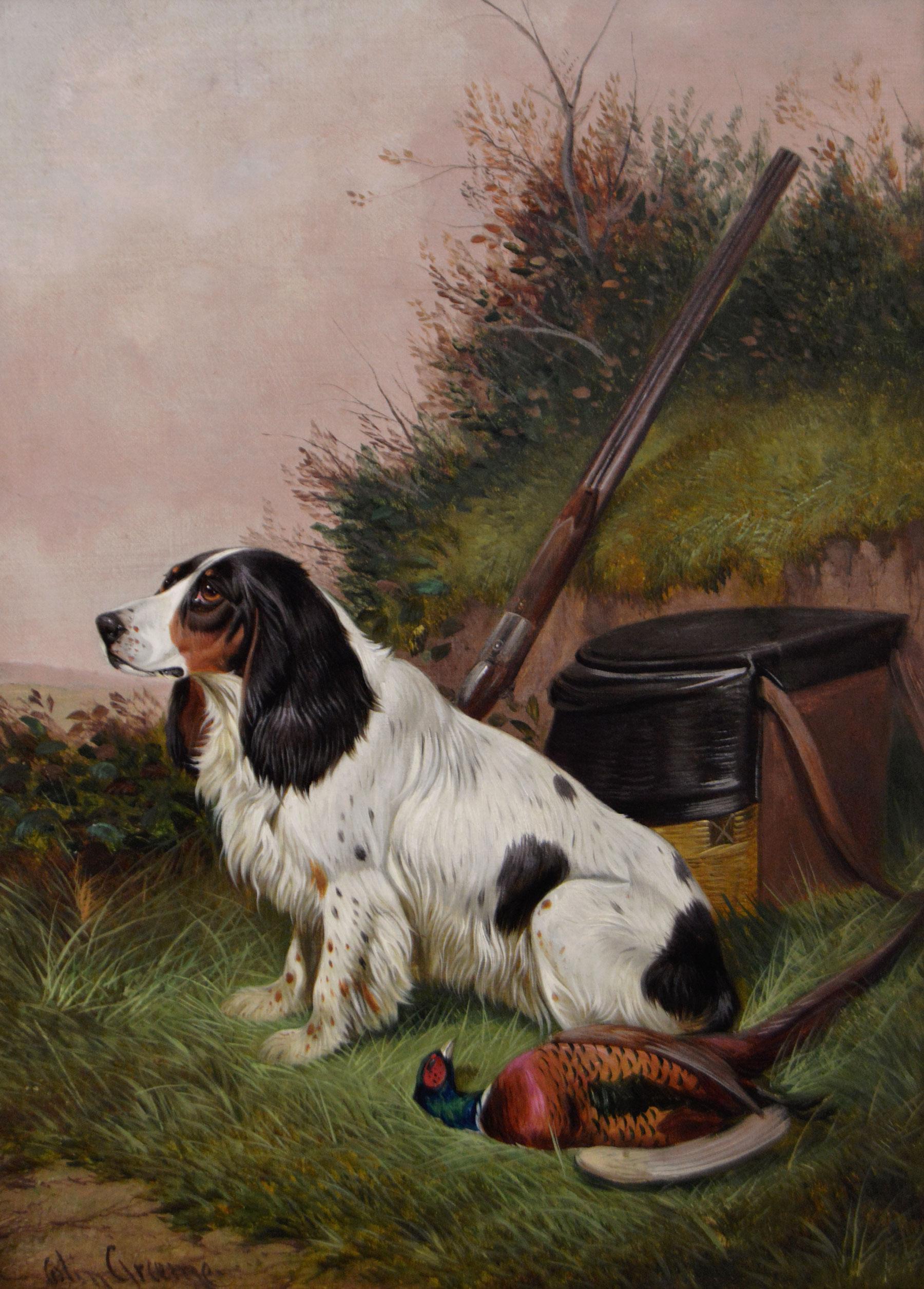 19th Century sporting dog oil painting of a spaniel with game - Painting by Colin Graeme Roe