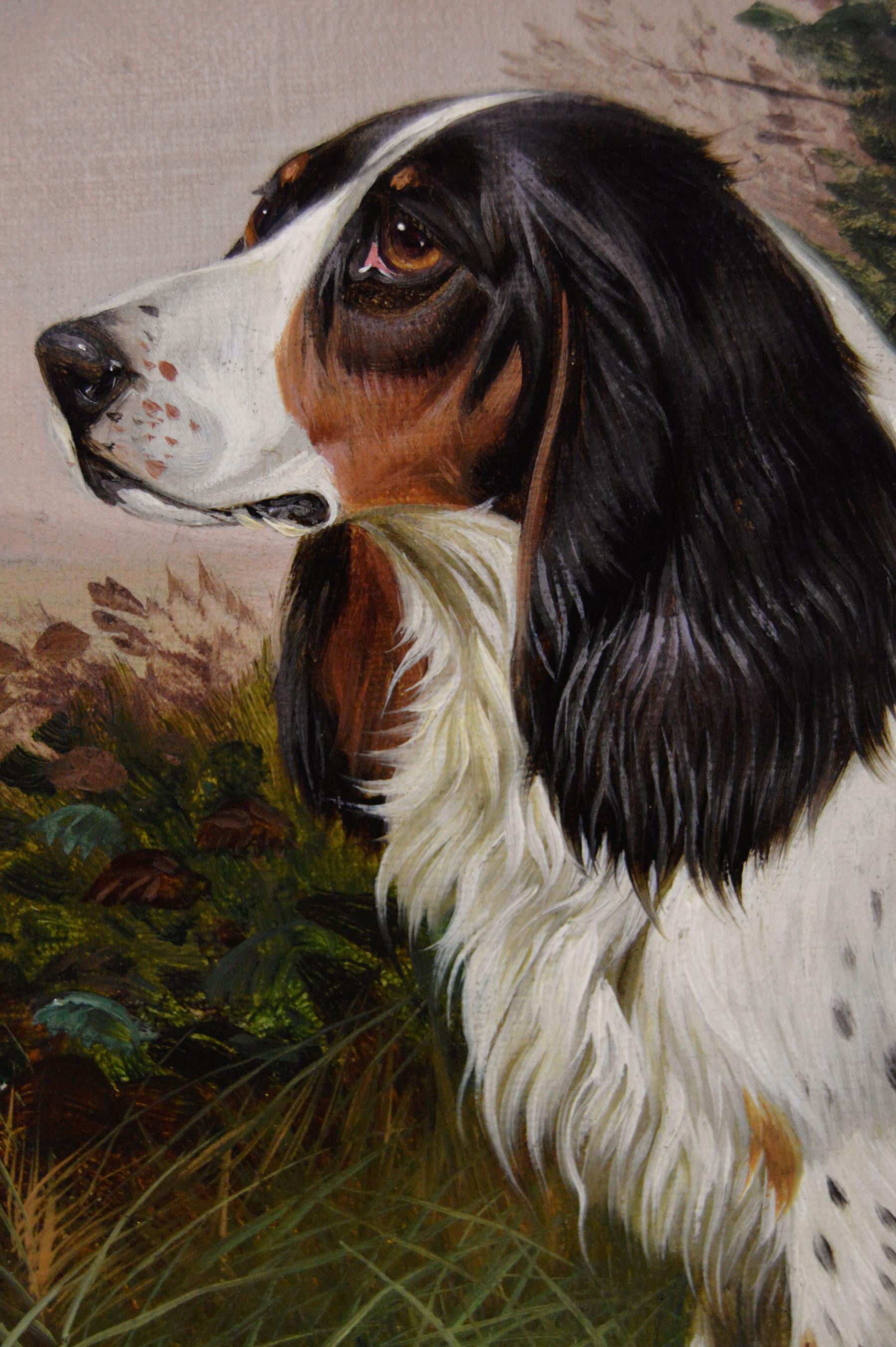 Colin Graeme Roe
British, (1855-1910)
Waiting for Master
Oil on canvas, signed
Image size: 15.5 inches x 11.5 inches 
Size including frame: 19.25 inches x 15.25 inches

A wonderful sporting painting of a spaniel in a landscape with game by Colin