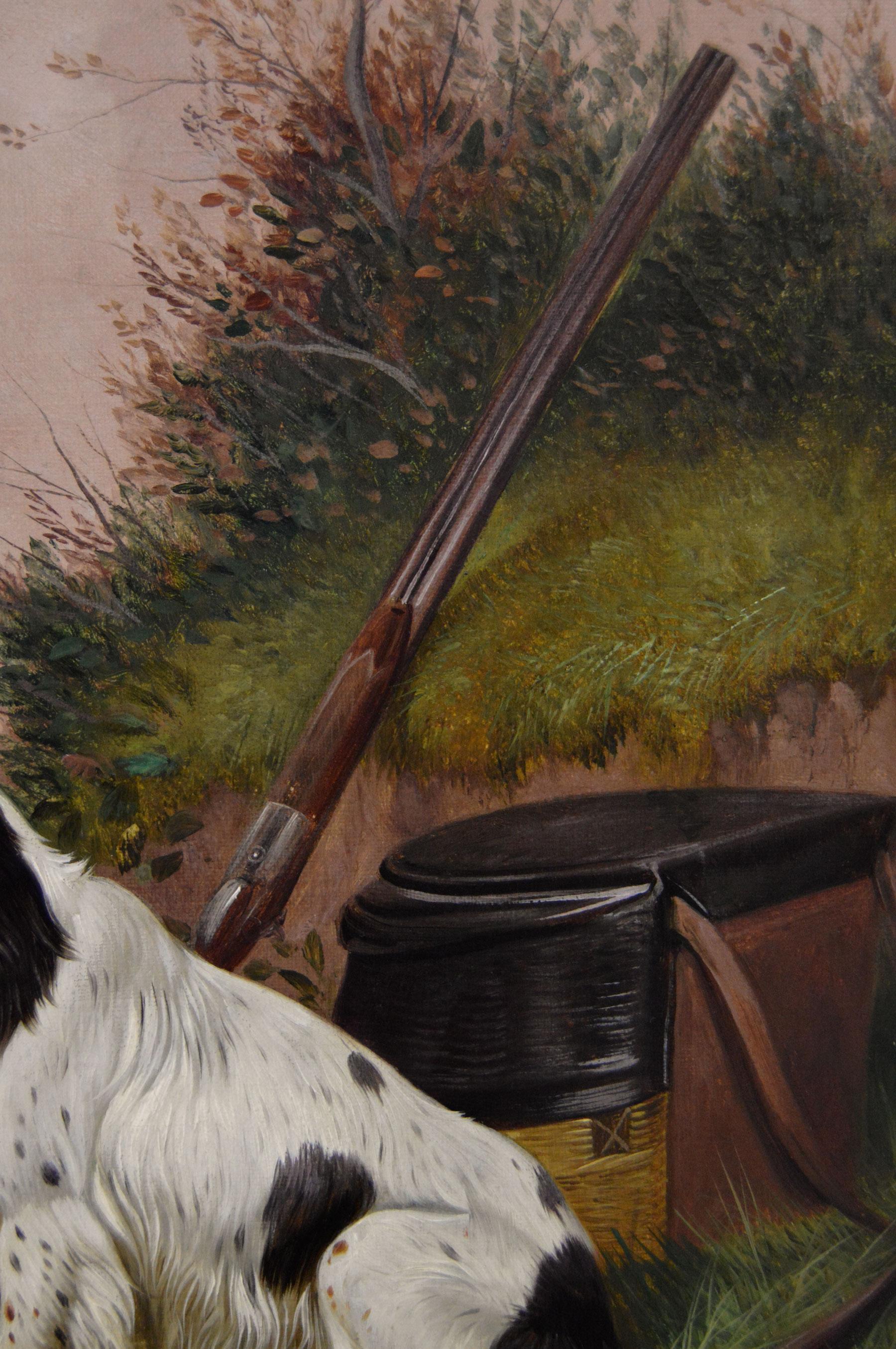19th Century sporting dog oil painting of a spaniel with game 1