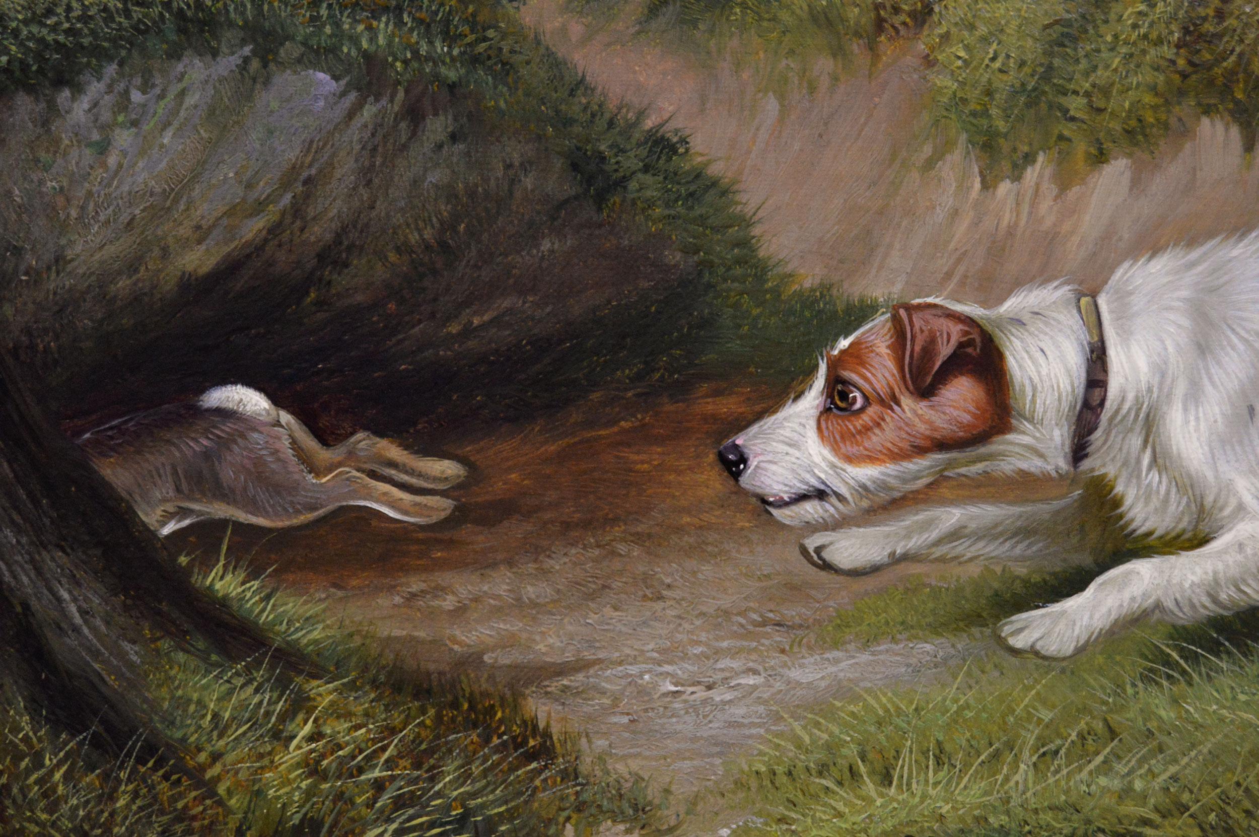 Dipinto a olio del XIX secolo raffigurante un cane sportivo, un terrier che insegue un coniglio - Animal Painting Marrone di Colin Graeme Roe