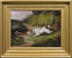 Dipinto a olio del XIX secolo raffigurante un cane sportivo, un terrier che insegue un coniglio