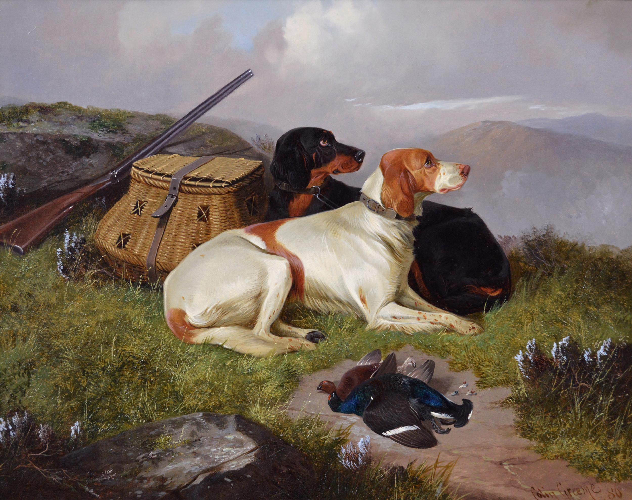 19th Century sporting dog oil painting of setters with game - Painting by Colin Graeme Roe