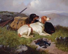 19th Century sporting dog oil painting of setters with game