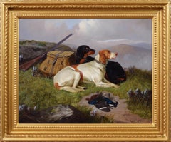 Peinture à l'huile du 19ème siècle représentant un chien de sport avec des chiens de chasse