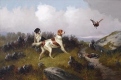 19th Century sporting dog oil painting of setters with grouse