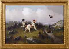 Antique 19th Century sporting dog oil painting of setters with grouse 