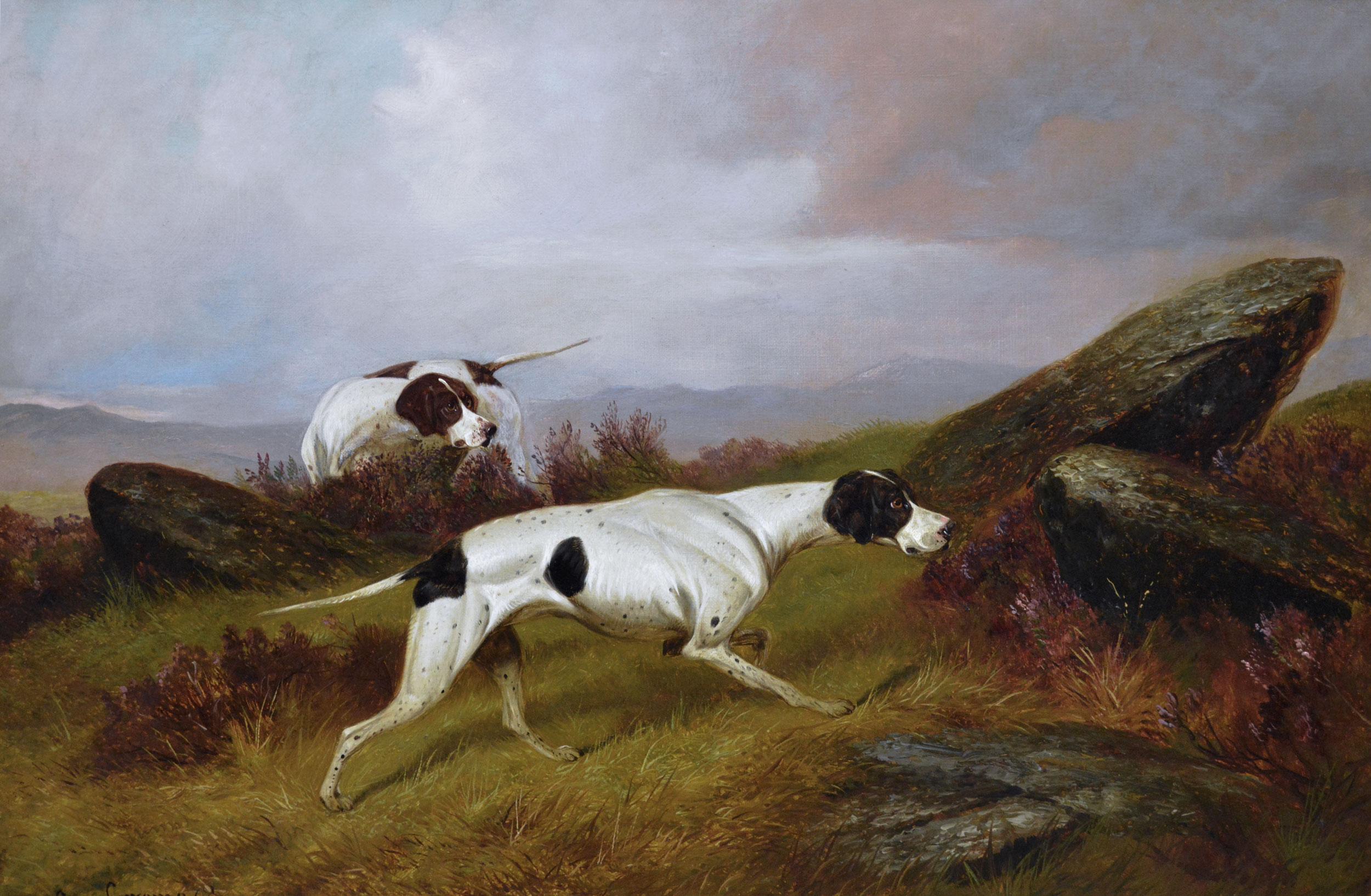 19th Century sporting dog oil painting of two pointers in a landscape - Painting by Colin Graeme Roe