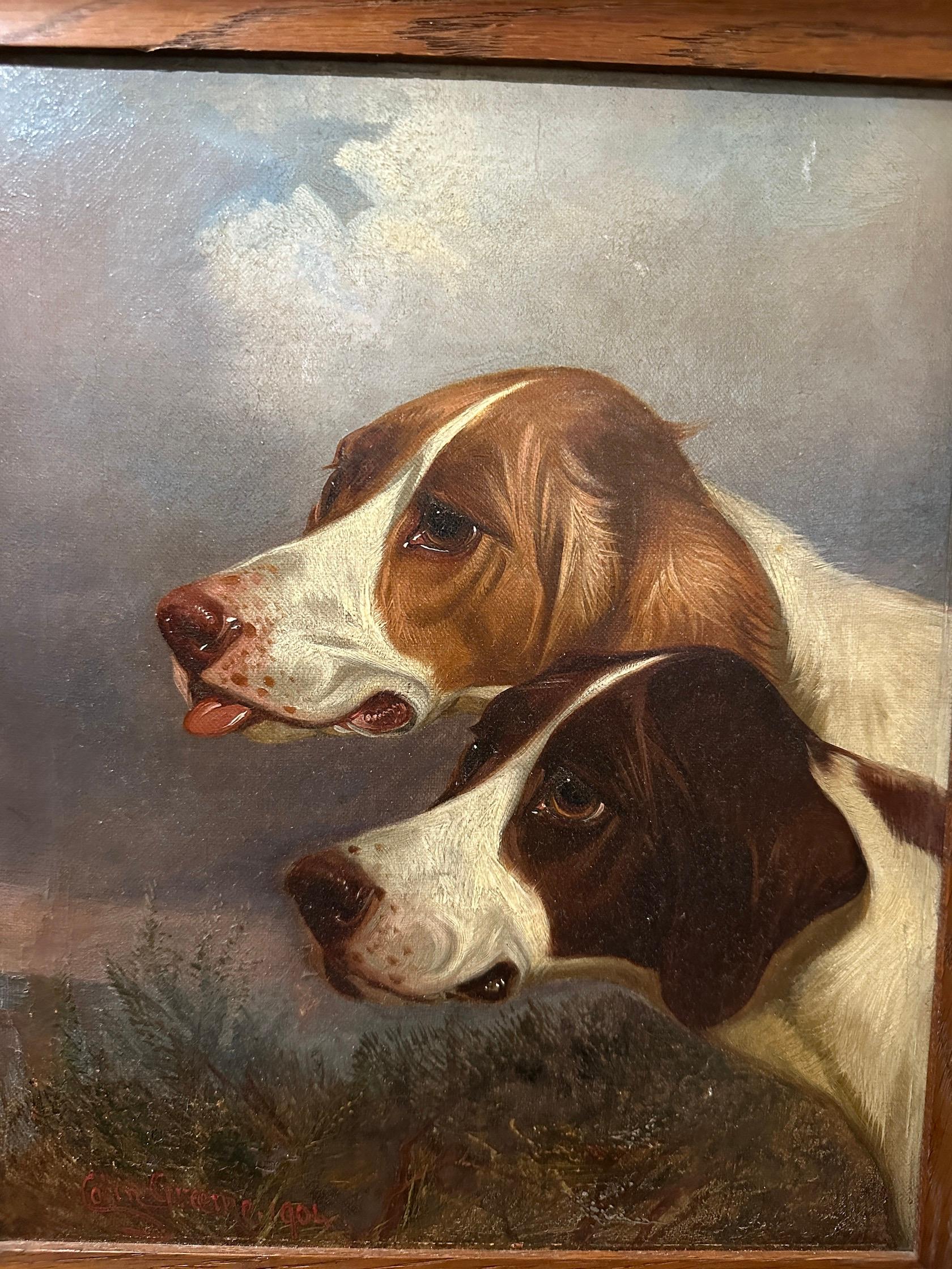  Antique English portraits of a pair of English Pointer dogs in a landscape - Victorian Painting by Colin Graeme Roe