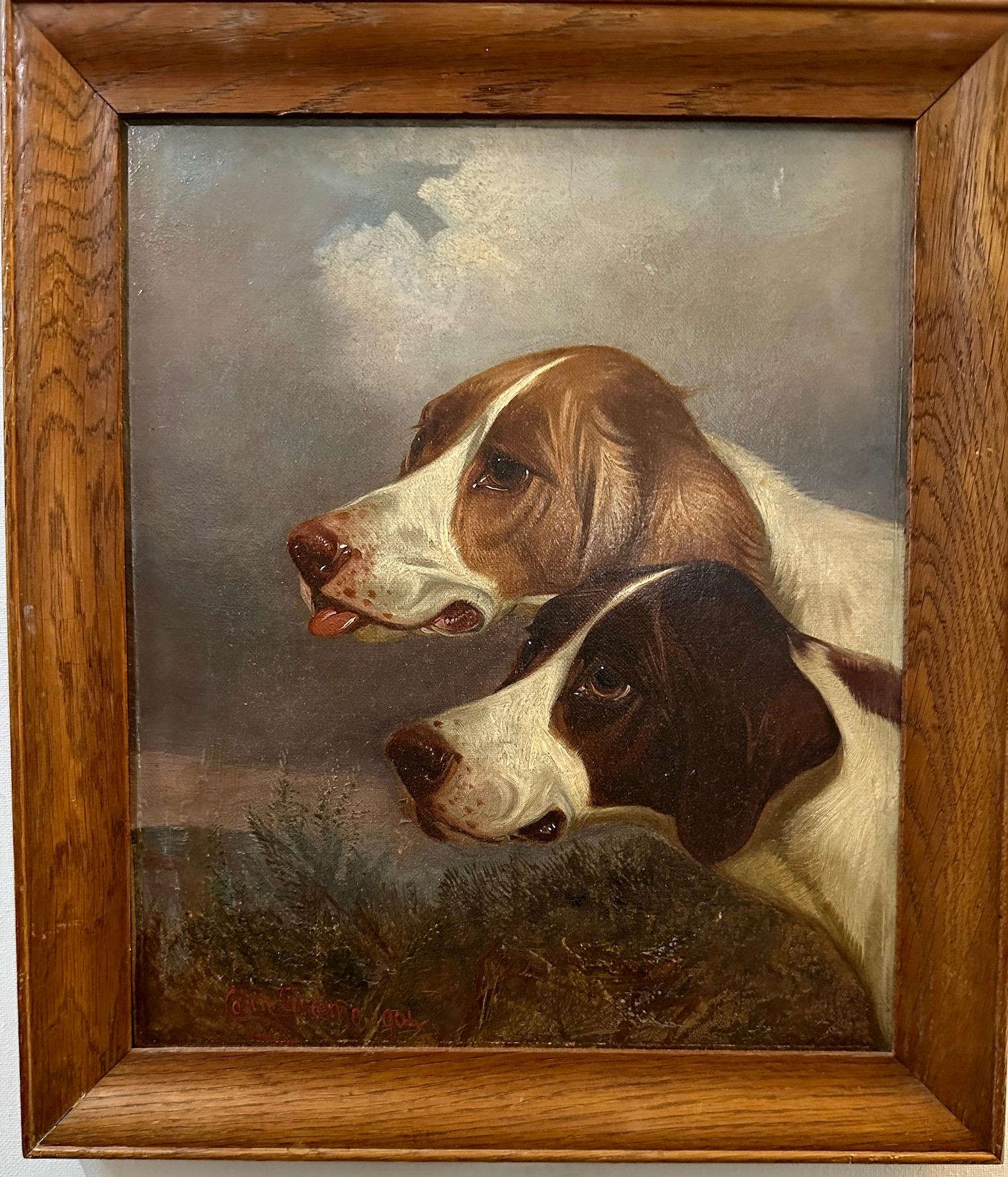 Colin Graeme Roe Portrait Painting -  Antique English portraits of a pair of English Pointer dogs in a landscape