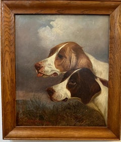  Antique English portraits of a pair of English Pointer dogs in a landscape