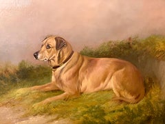 English Antique Victorian portrait of a Labrador retriever dog in a landscape