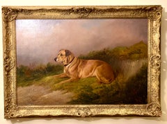 English Antique Victorian portrait of a Labrador retriever dog in a landscape