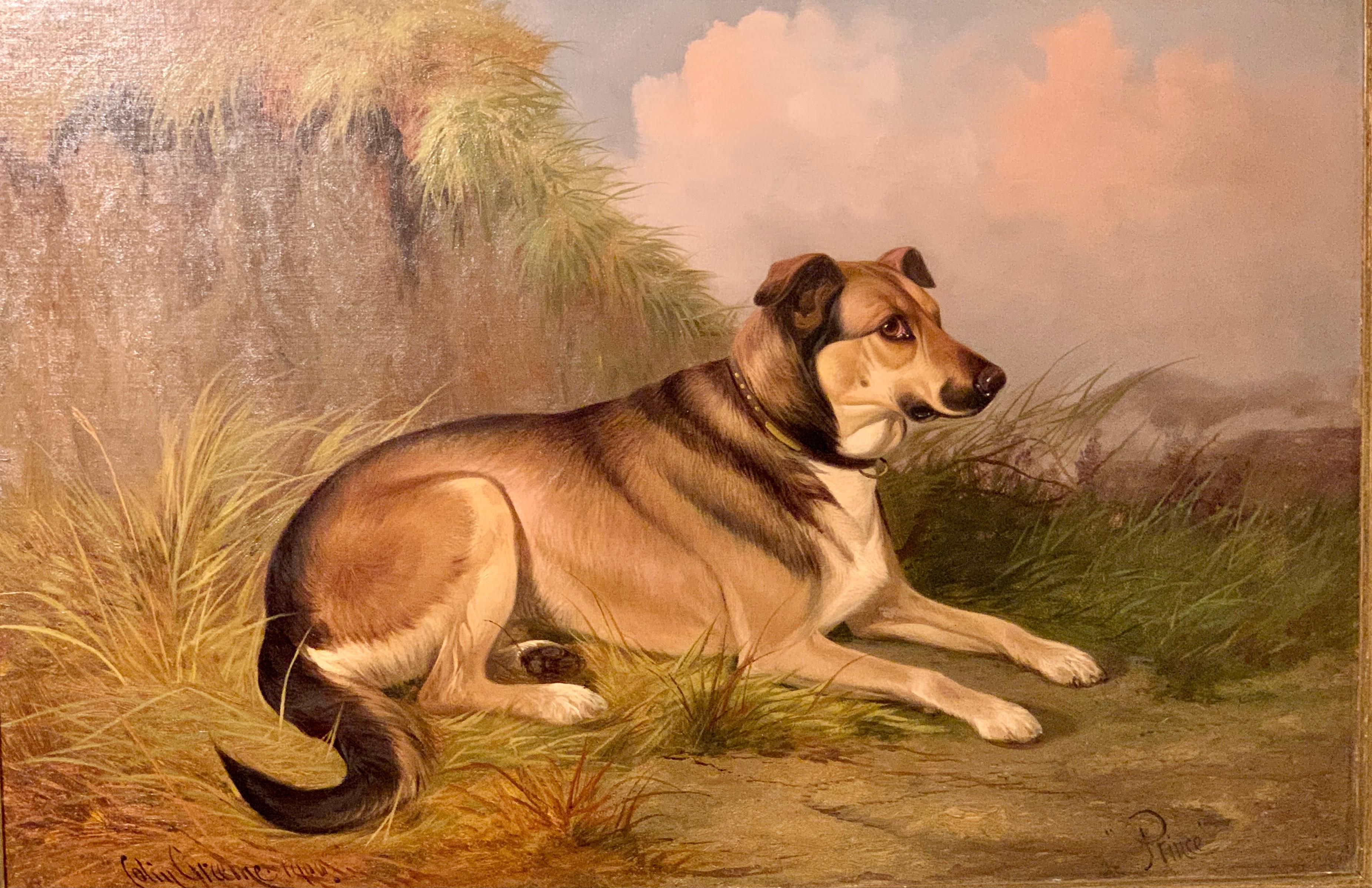 English late Victorian Antique portrait of a seated hound dog in a landscape - Painting by Colin Graeme Roe