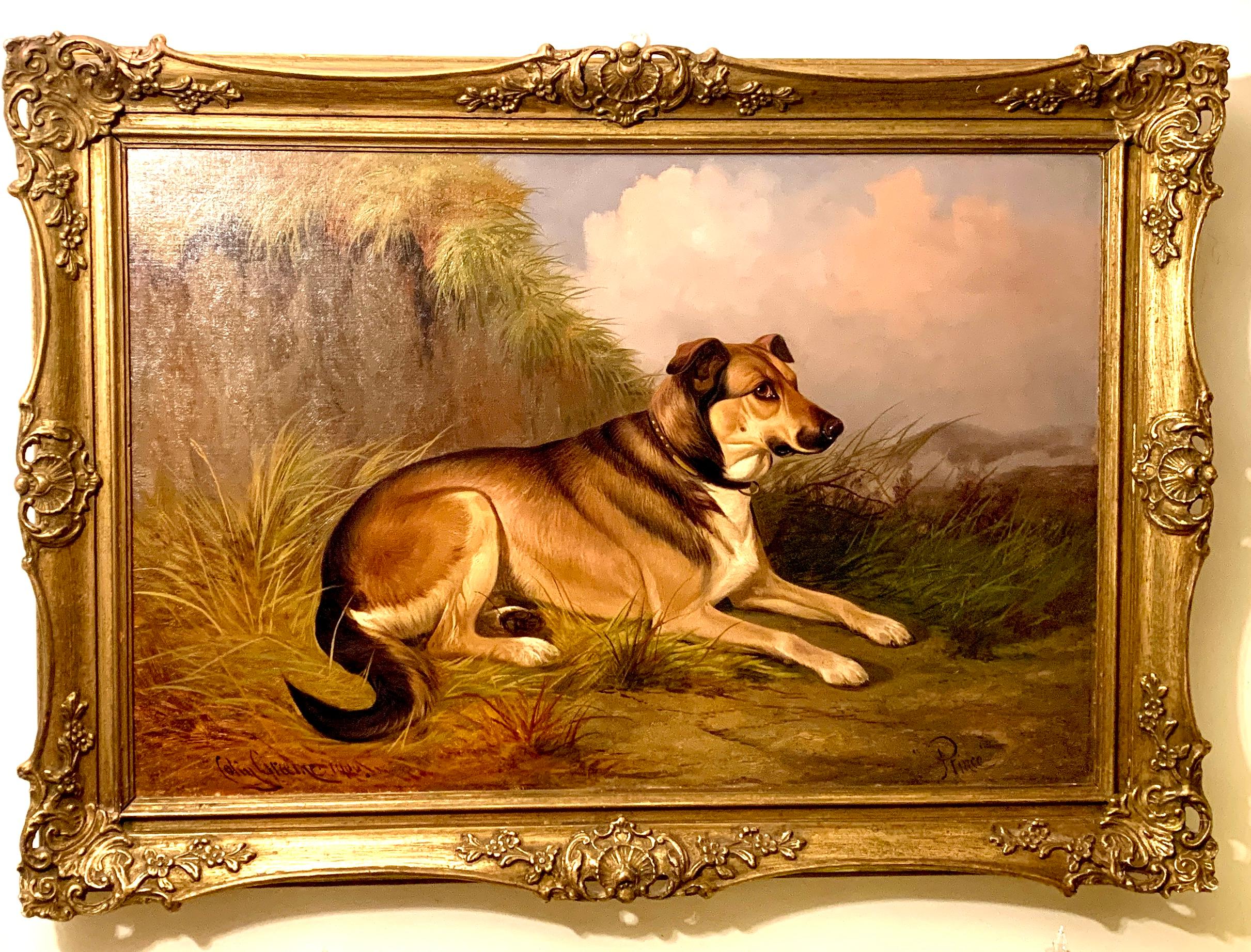 Colin Graeme Roe Portrait Painting - English late Victorian Antique portrait of a seated hound dog in a landscape