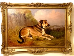 English late Victorian Antique portrait of a seated hound dog in a landscape