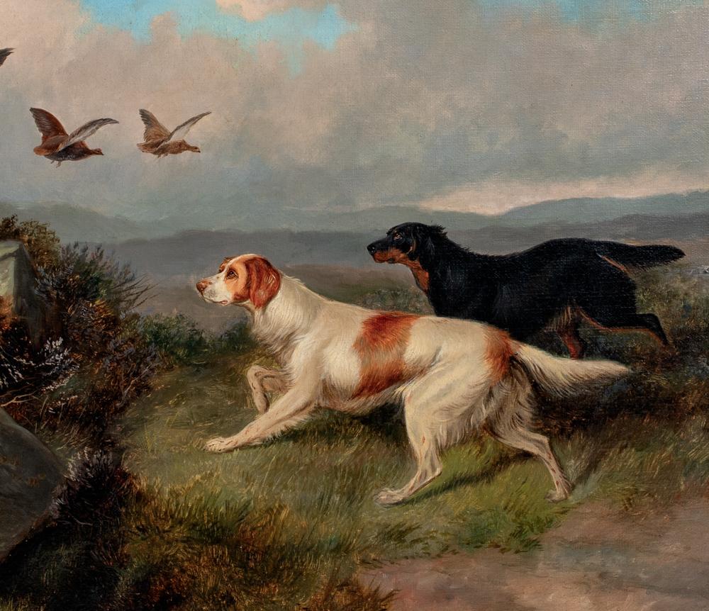 Gordon and Irish Setters Flushing Grouse, 19th Century    - Brown Animal Painting by Colin Graeme Roe