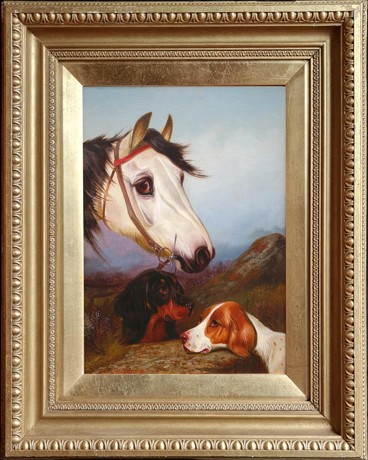 Animal Painting Colin Graeme Roe - Head of a Grey Pony with two Setters & Head of a Bay Pony with deux Setters -Paire