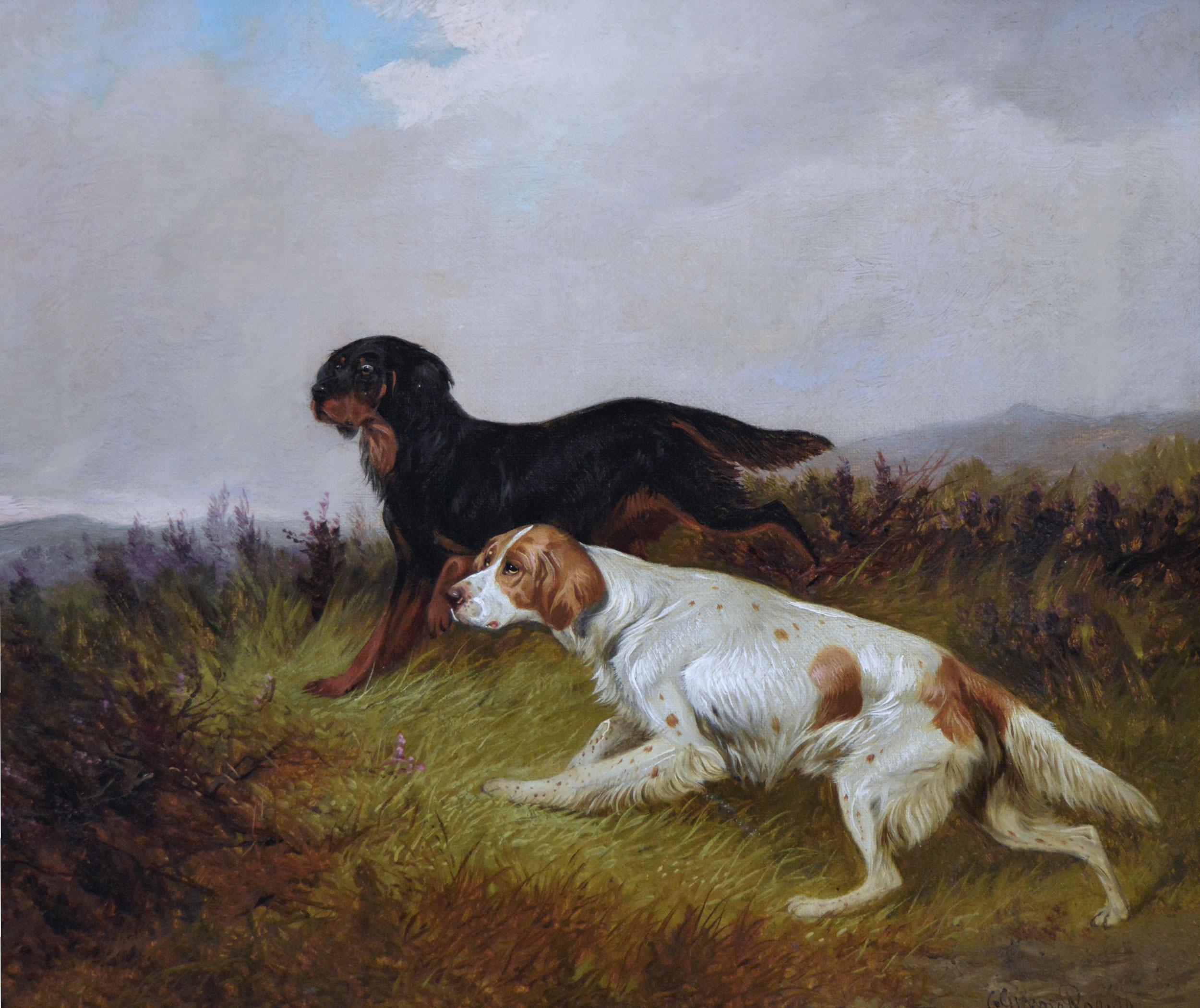 **VEUILLEZ NOTER QUE CHAQUE TABLEAU, Y COMPRIS LE CADRE, MESURE 14,5 POUCES X 16,5 POUCES**.

Colin Graeme Roe
Britannique, (1855-1910)
Waiting for Master & On the Scent
Huile sur toile, paire, toutes deux signées et datées (18)96
Taille de l'image