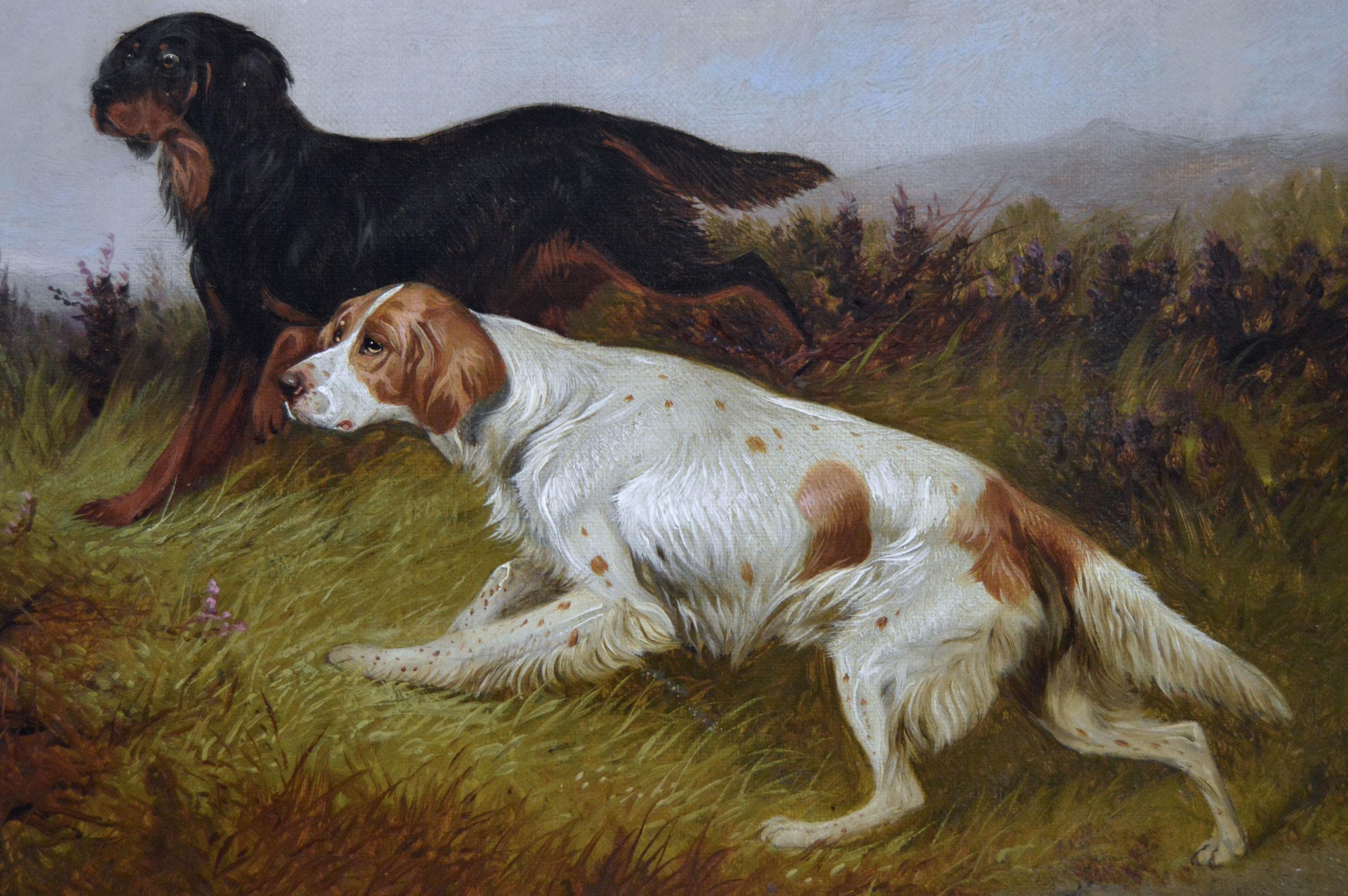 Paire de peintures à l'huile de chiens de sport du 19e siècle représentant des setters en vente 1