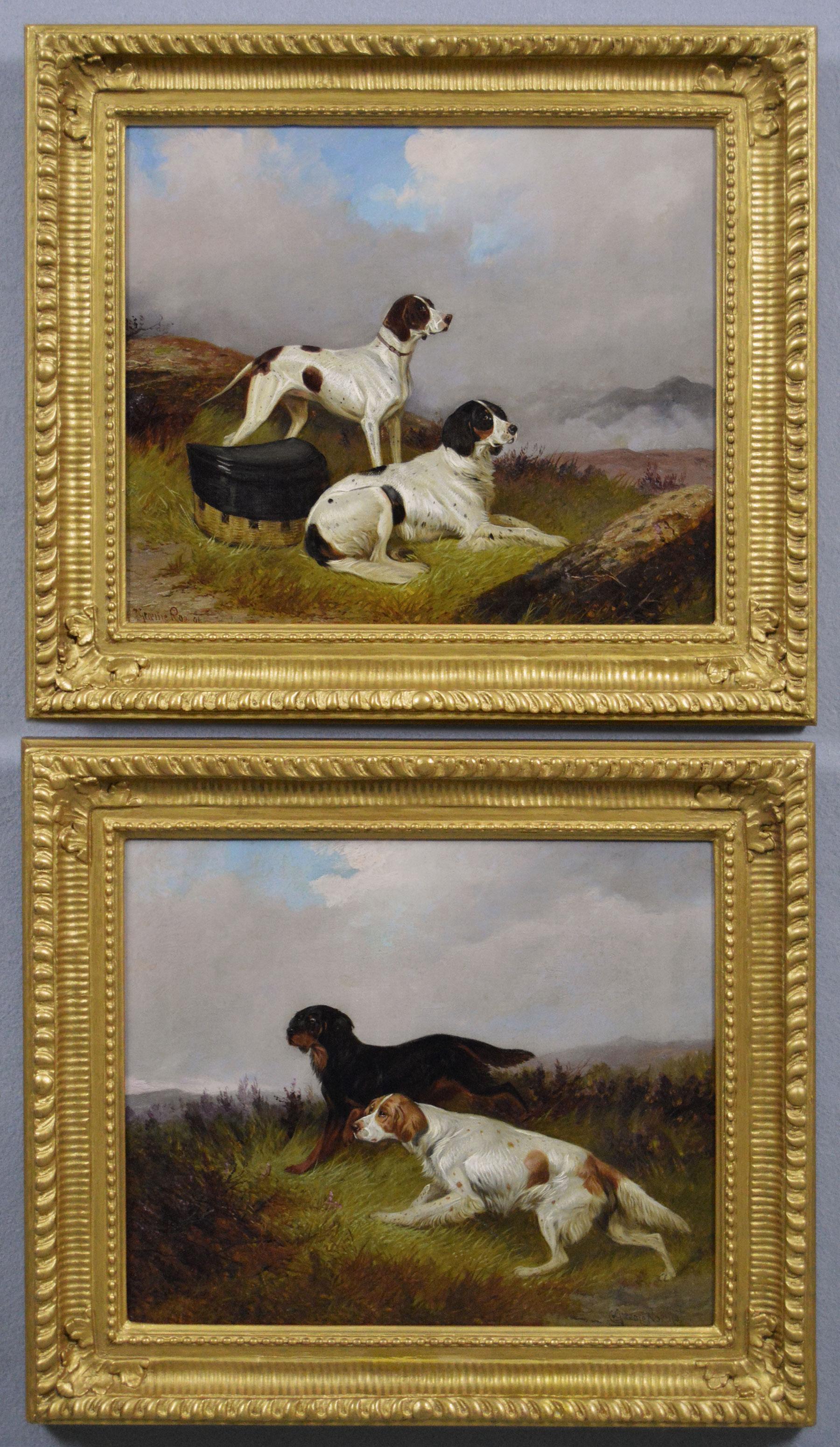 Paire de peintures à l
huile de chiens de sport du 19e siècle représentant des setters