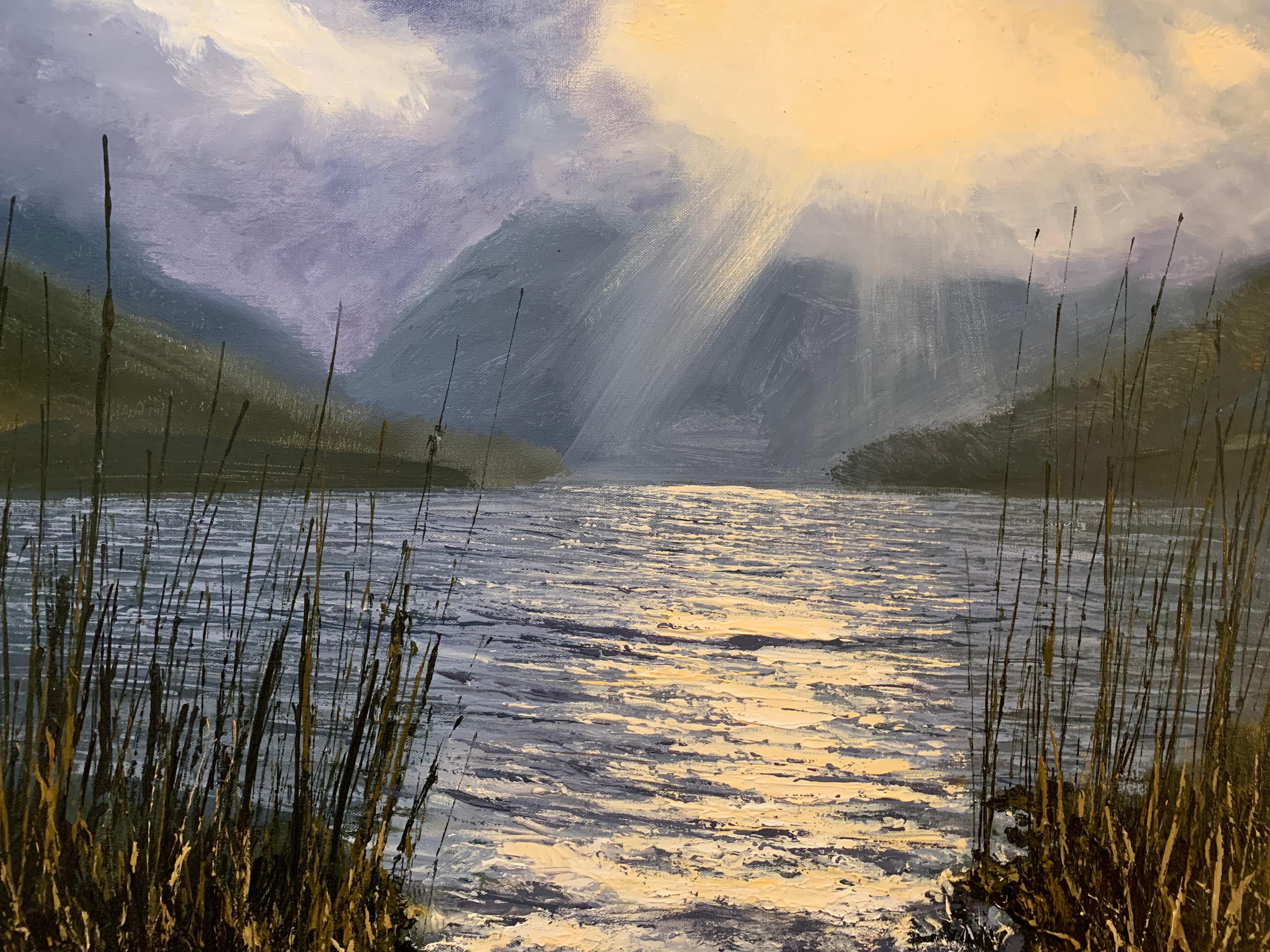 This oil painting is a vivid interpretation of dramatic light reflecting on Lake Buttermere in the Lake District, by British En Plein Air Artist Colin Halliday. He captures the shimmering reflections beautifully by a controlled use of texture,