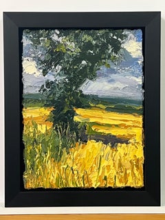 Impasto Oil Painting of Oak Tree in Yellow Corn Field in the English Countryside