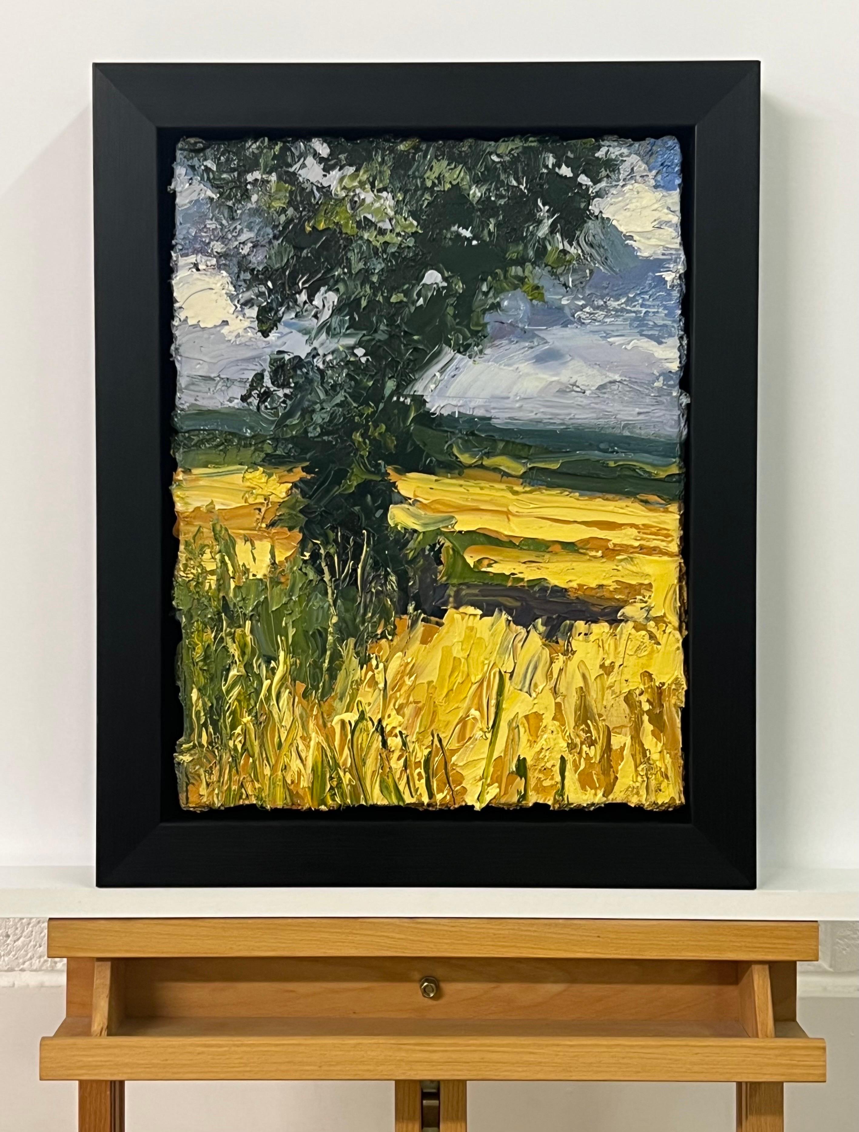 Impasto Oil Painting of Oak Tree in Yellow Corn Field in the English Countryside For Sale 1