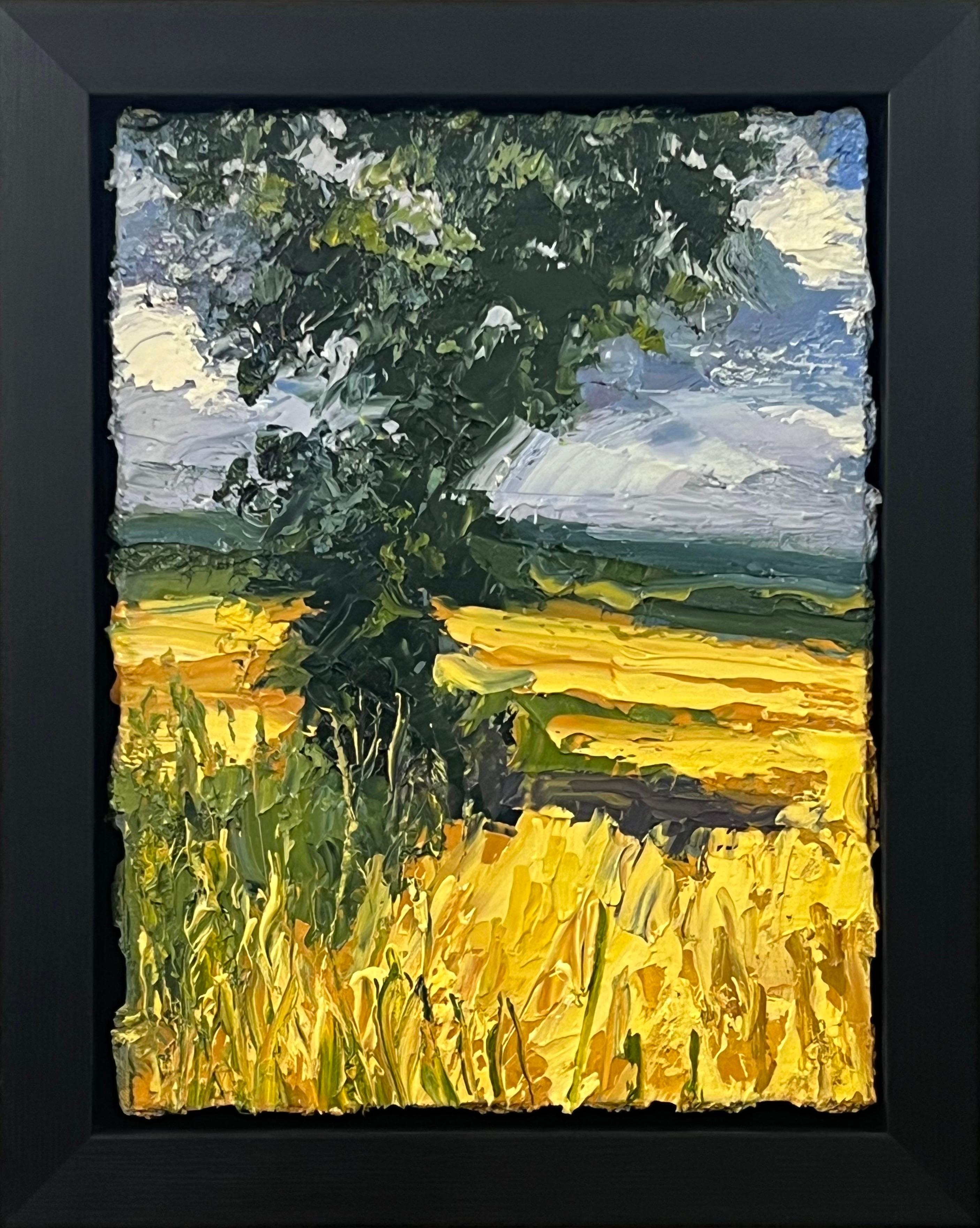 Colin Halliday Abstract Painting - Impasto Oil Painting of Oak Tree in Yellow Corn Field in the English Countryside