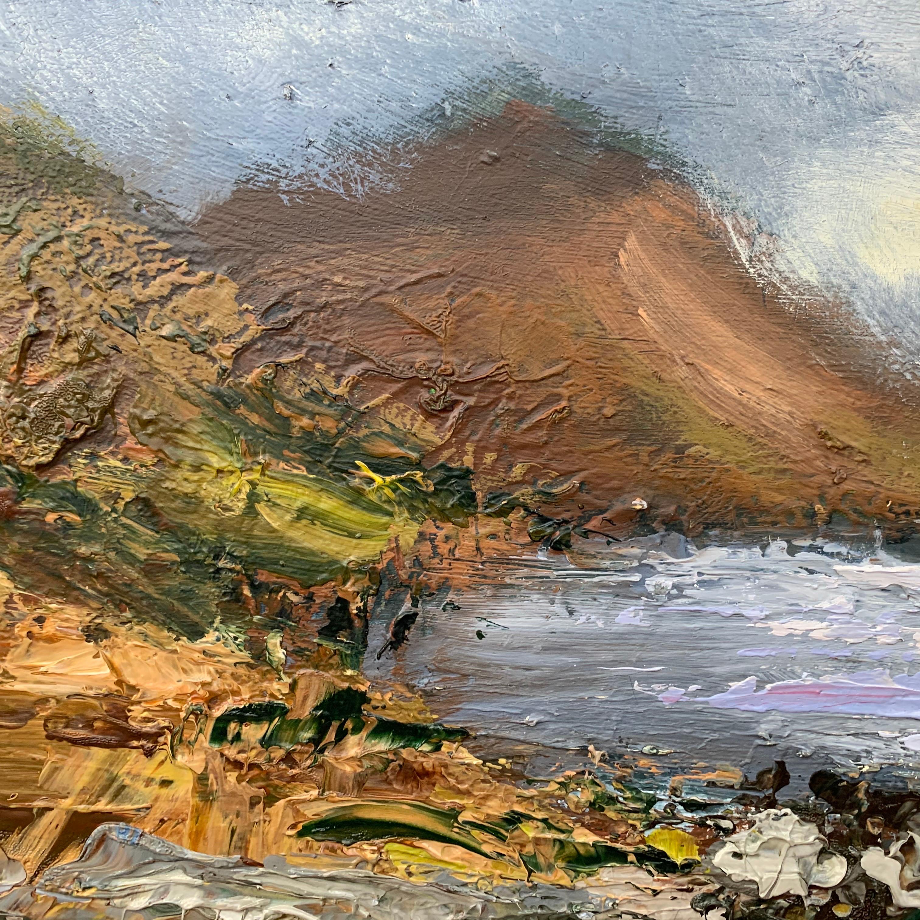 Impasto Oil Painting of the English Lake District by British Landscape Artist, Colin Halliday. This painting articulates the intensity of the clouds in Northern England, and the aesthetic beauty of the dramatic weather as it sweeps across the