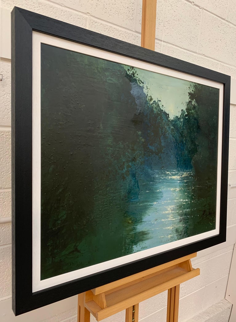 Impressionistic English River Landscape Painting Original Oil by British Artist. A highly varnished mixed media artwork on deep edge canvas capturing the shimmering reflections of sunlight on the surface of the water. A beautiful and tranquil scene