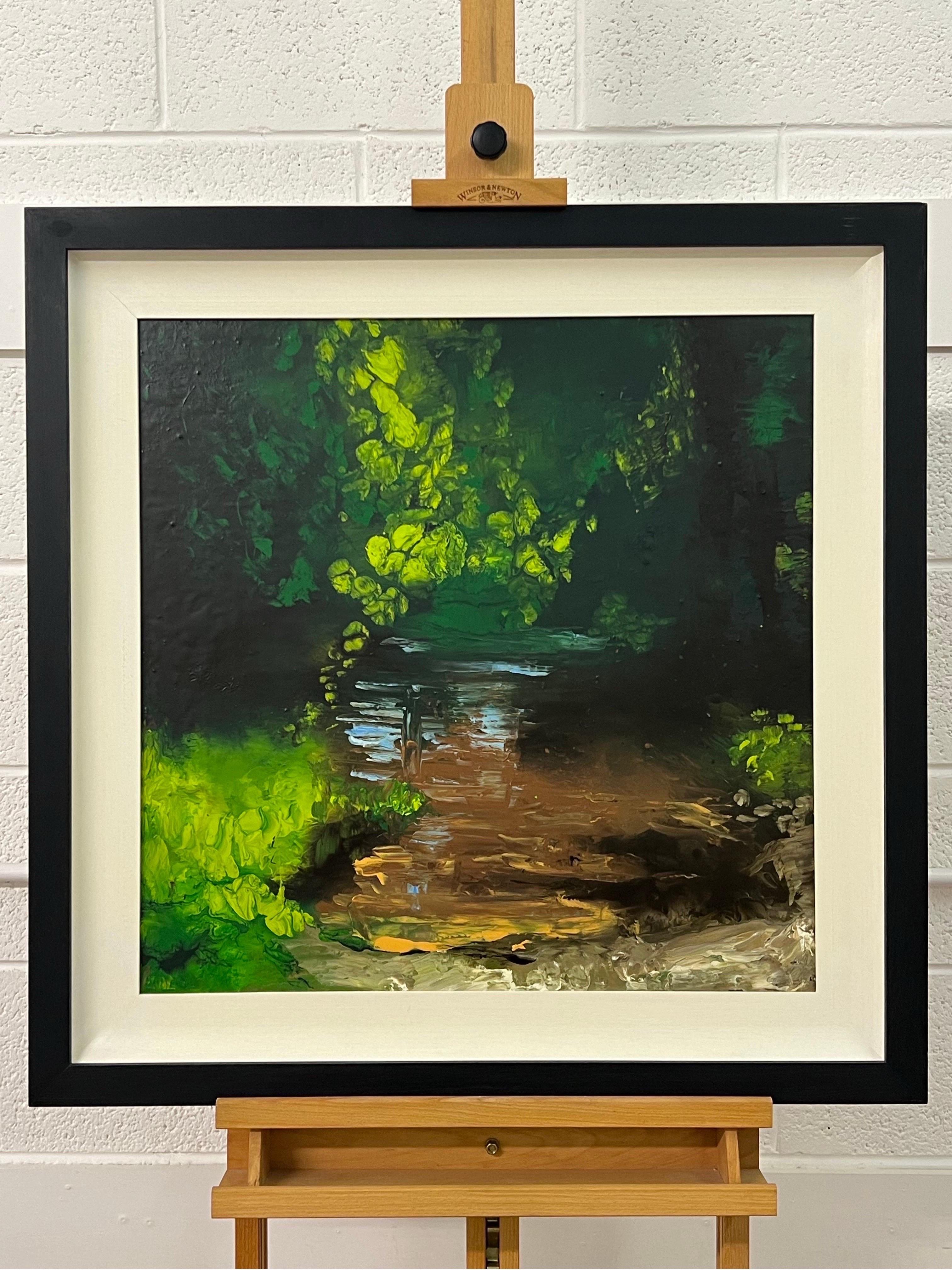 Peinture impressionniste de paysage fluvial anglais, huile originale d'un artiste britannique. Une œuvre d'art mixte vernie mat sur toile à bords profonds capturant les reflets chatoyants de la lumière du soleil sur la surface de l'eau. Une scène