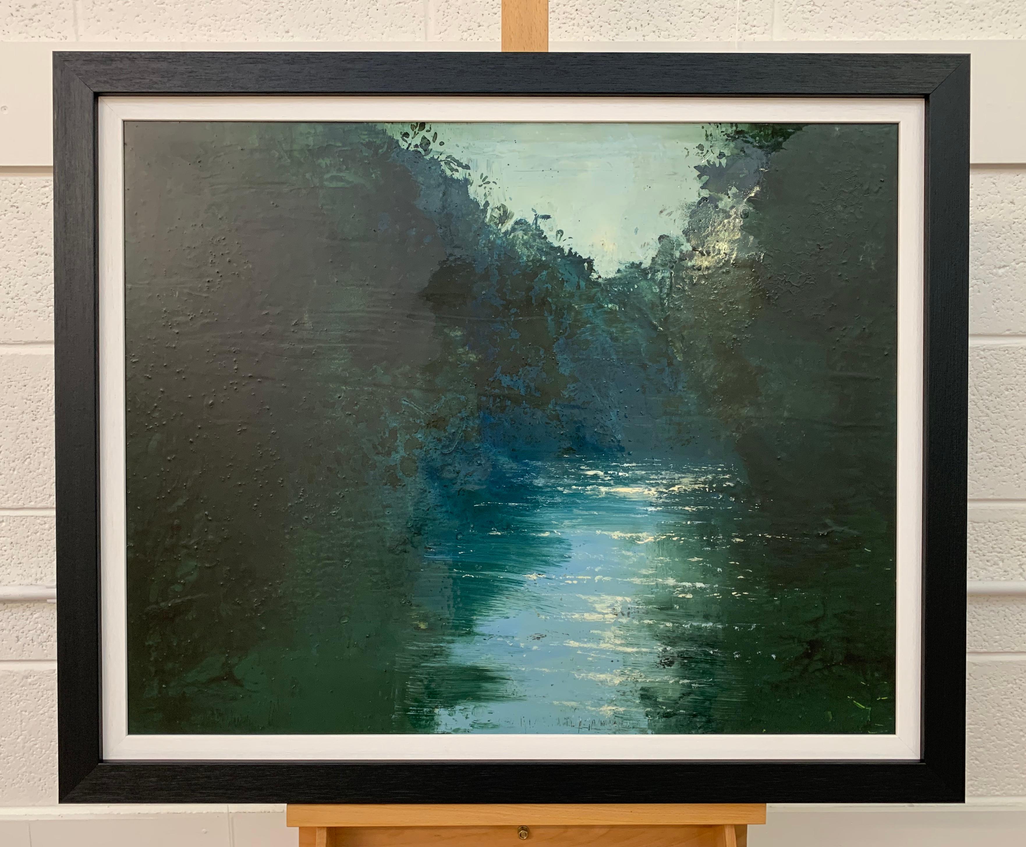 Impressionistic English River Landscape Painting Original Oil by British Artist. A highly varnished mixed media artwork on deep edge canvas capturing the shimmering reflections of sunlight on the surface of the water. A beautiful and tranquil scene