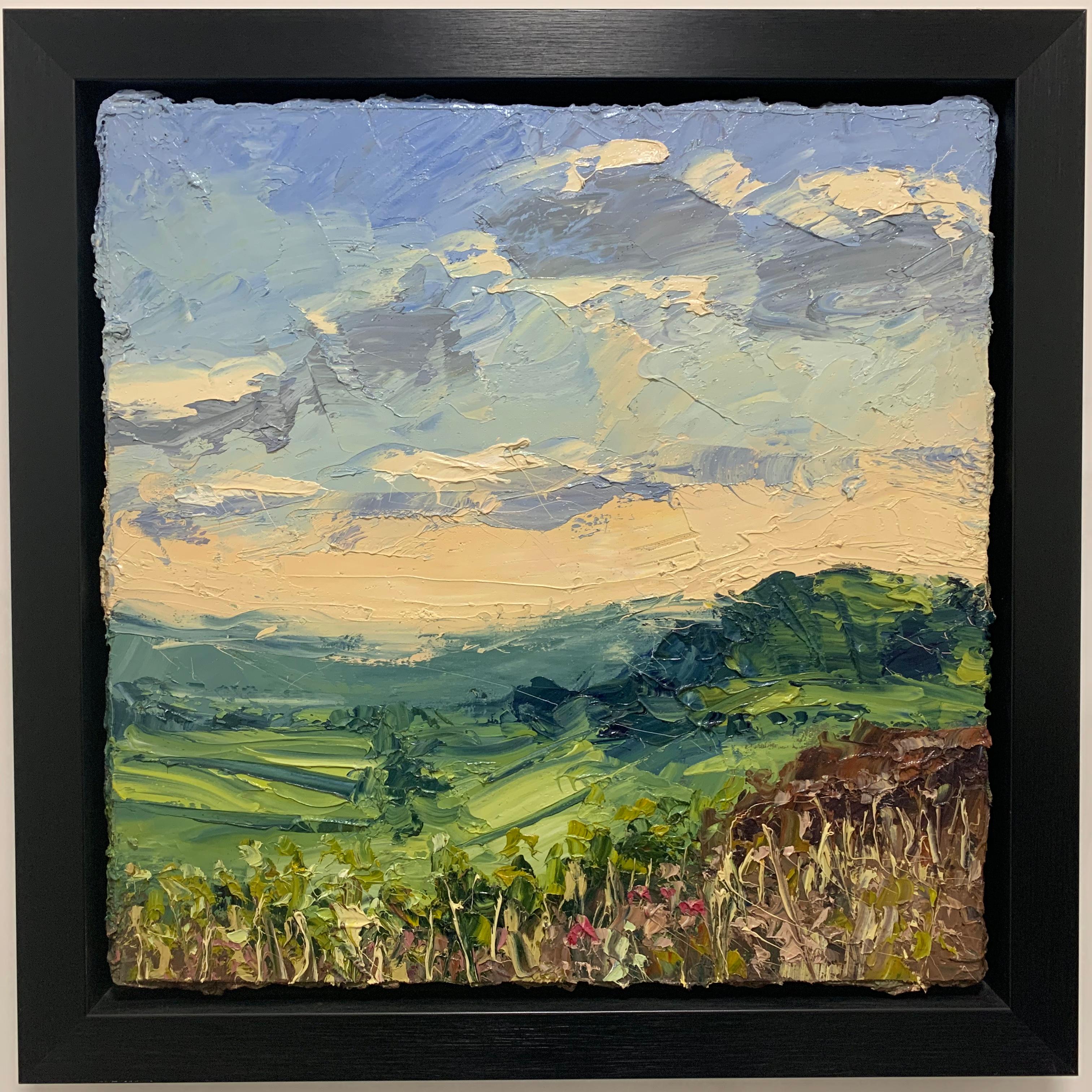 Pintura al óleo al fresco de Colin Halliday, paisajista británico. Este cuadro impresionista y expresivo transmite un hermoso día de primavera en Inglaterra, con flores silvestres y hierba larga en primer plano. Pintado en plein air.

Medidas de la